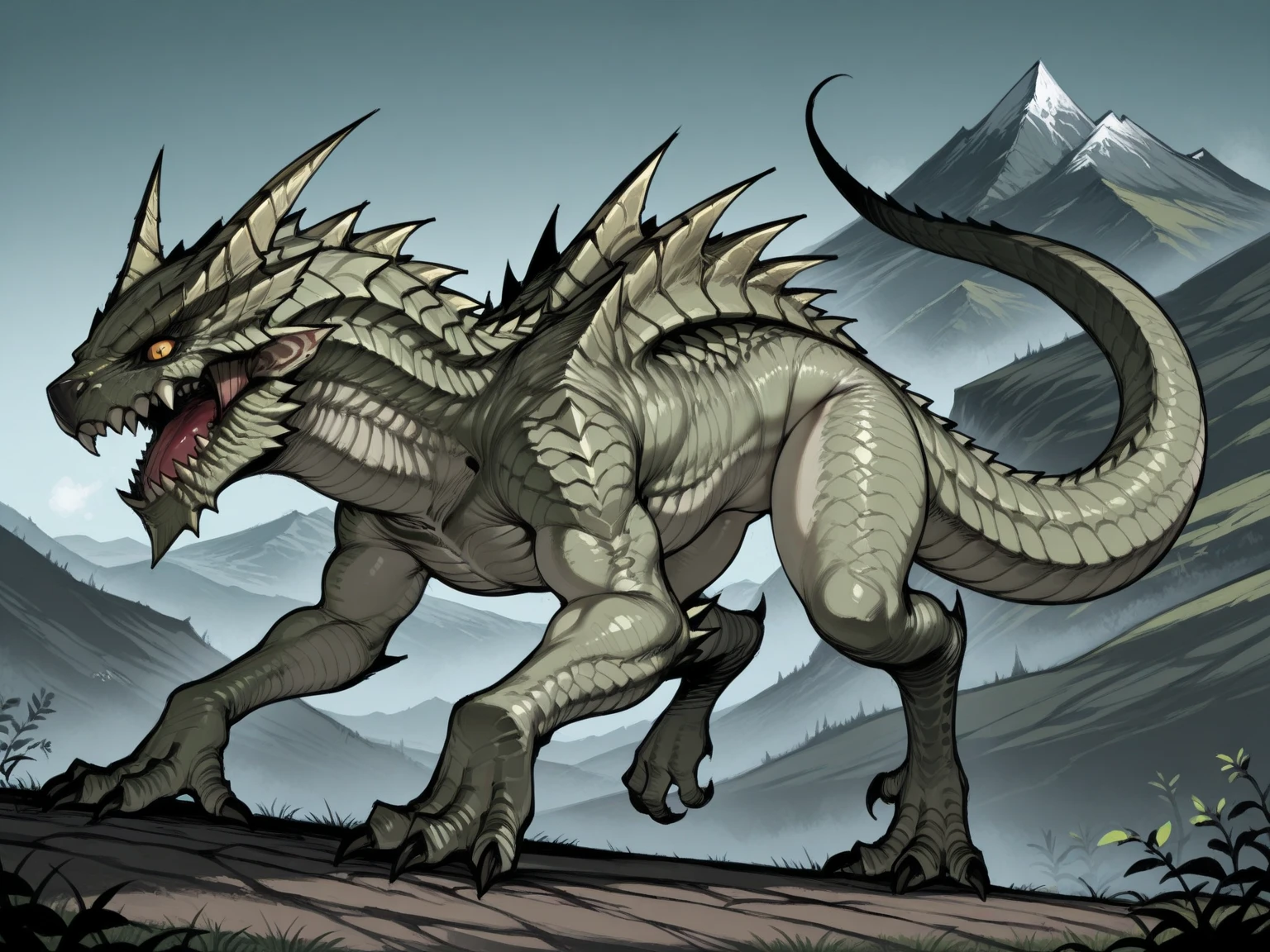 a cartoon image of a man standing in front of a giant dragon, shadow of the colossus, detailed fantasy art, fantasy detailed illustration, frame _ Simonetti, style of frame Simonetti, magical fantasy 2d concept art, art style of frame Simonetti, epic fantasy illustration
