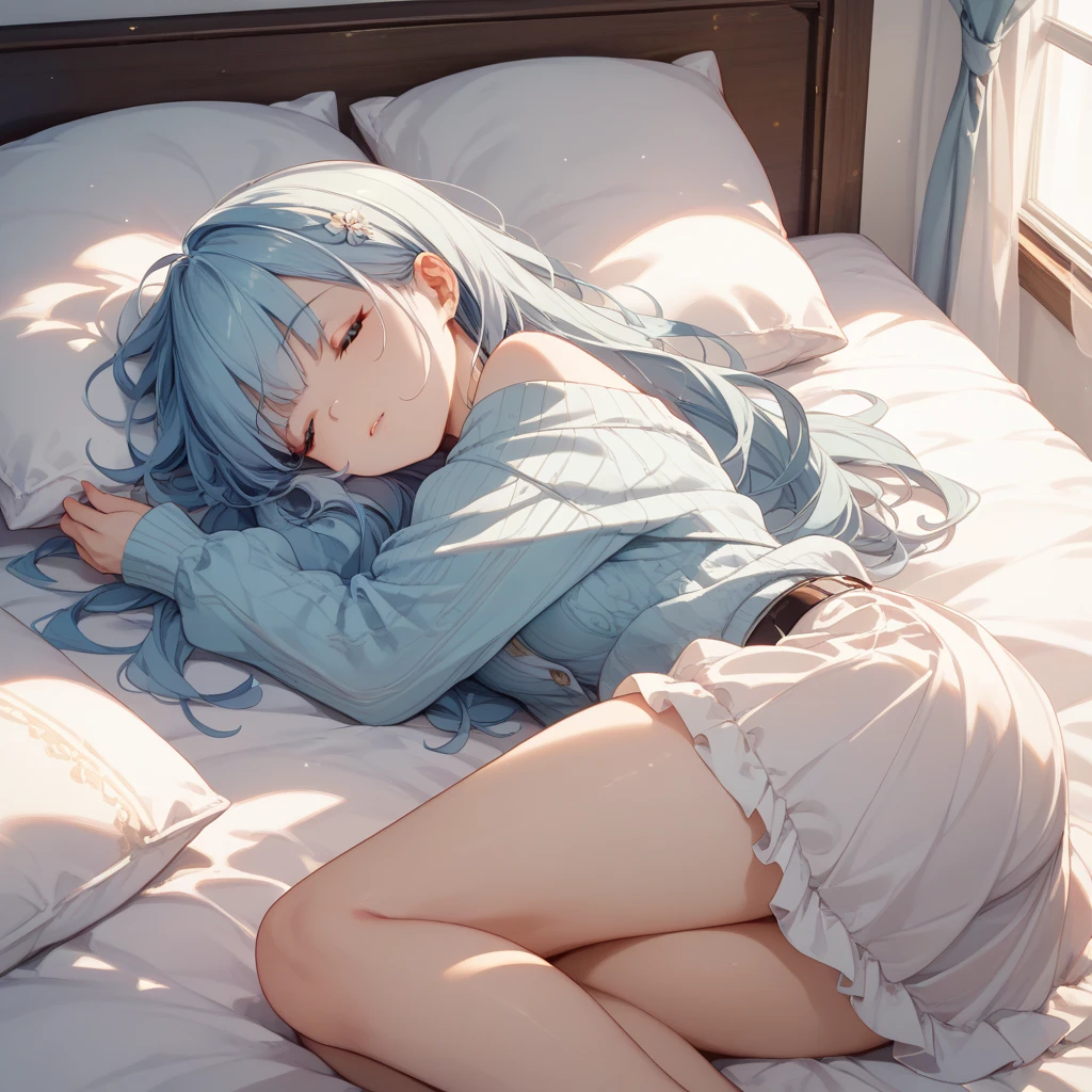 (masterpiece, best quality:1.5), (ultra detailed, high resolution, 8k, beautiful detailed, UHD, best anatomy), pale blue hair, small breasts, 1 junior high school girl, barefoot, bed room, night, flared skirt, short-sleeve shirt, Red thin tie, closed eyes, put one's head on a pillow, Lying on the bed, side angle