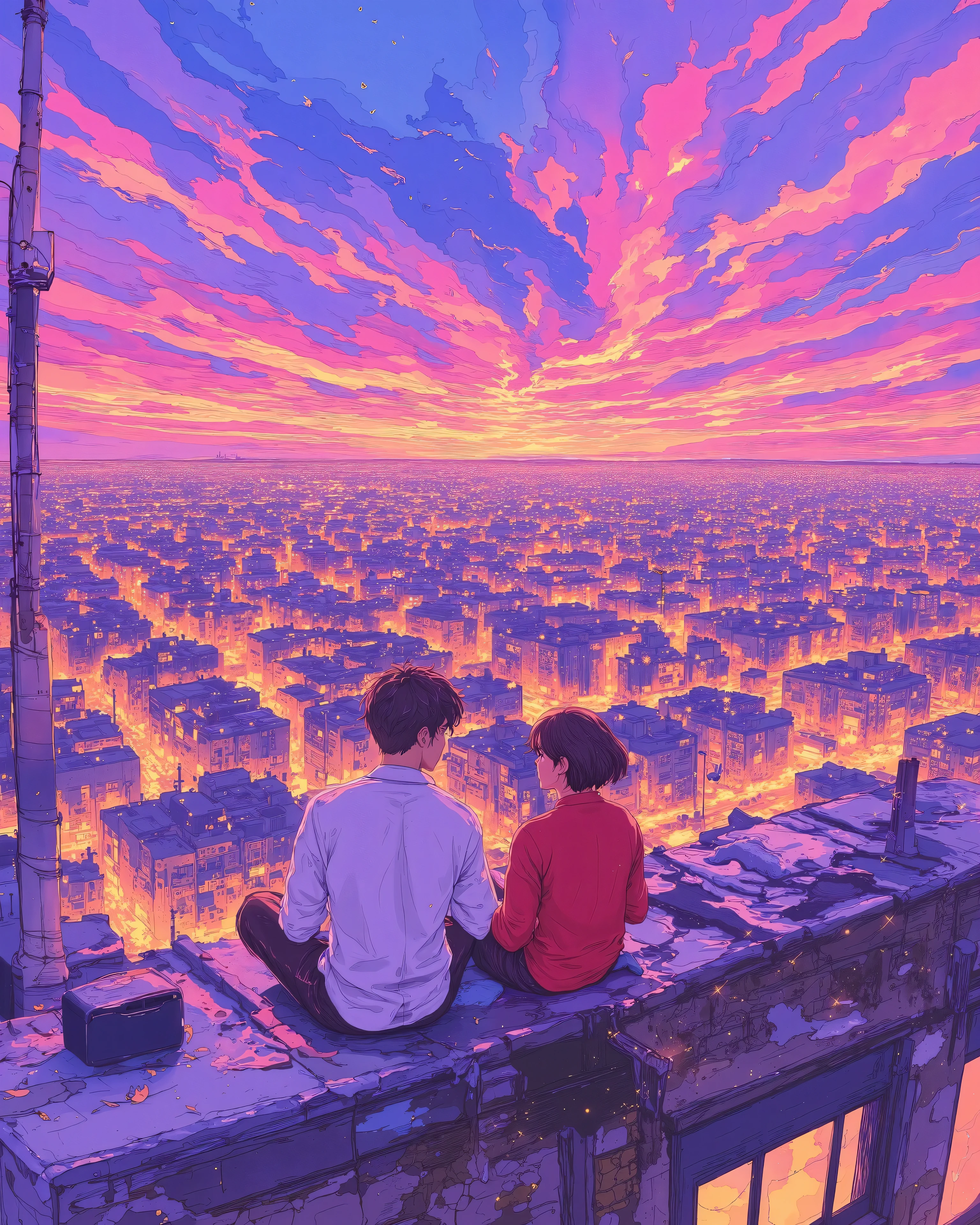A breathtaking anime-style cityscape at sunset, inspired by Makoto Shinkai's art. The sky is painted in vibrant hues of pink, purple, and orange, with scattered clouds reflecting the warm glow of the setting sun. In the foreground, two friends sit on the edge of an old rooftop, facing the city skyline. One wears a white shirt, the other a red shirt, both gazing at the distant horizon. TV antennas, satellite dishes, and urban elements add realism to the scene. Birds soar in the sky, enhancing the dreamy atmosphere. The city below is illuminated with golden streetlights and windows, creating a cozy yet nostalgic feel. The perspective captures depth, showing the vastness of the city stretching towards the horizon. The image has soft lighting, gentle shadows, and cinematic framing."