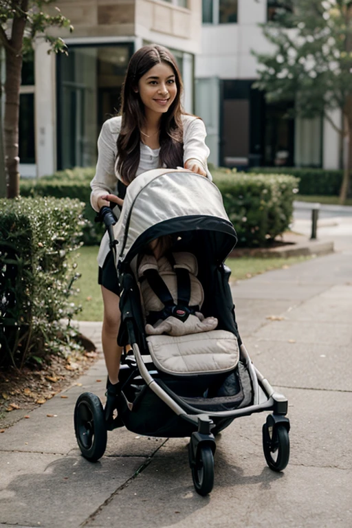 A seductive MILF pushes baby in a stroller, in einem Park, Dynamisches Licht, fotorealistisch
