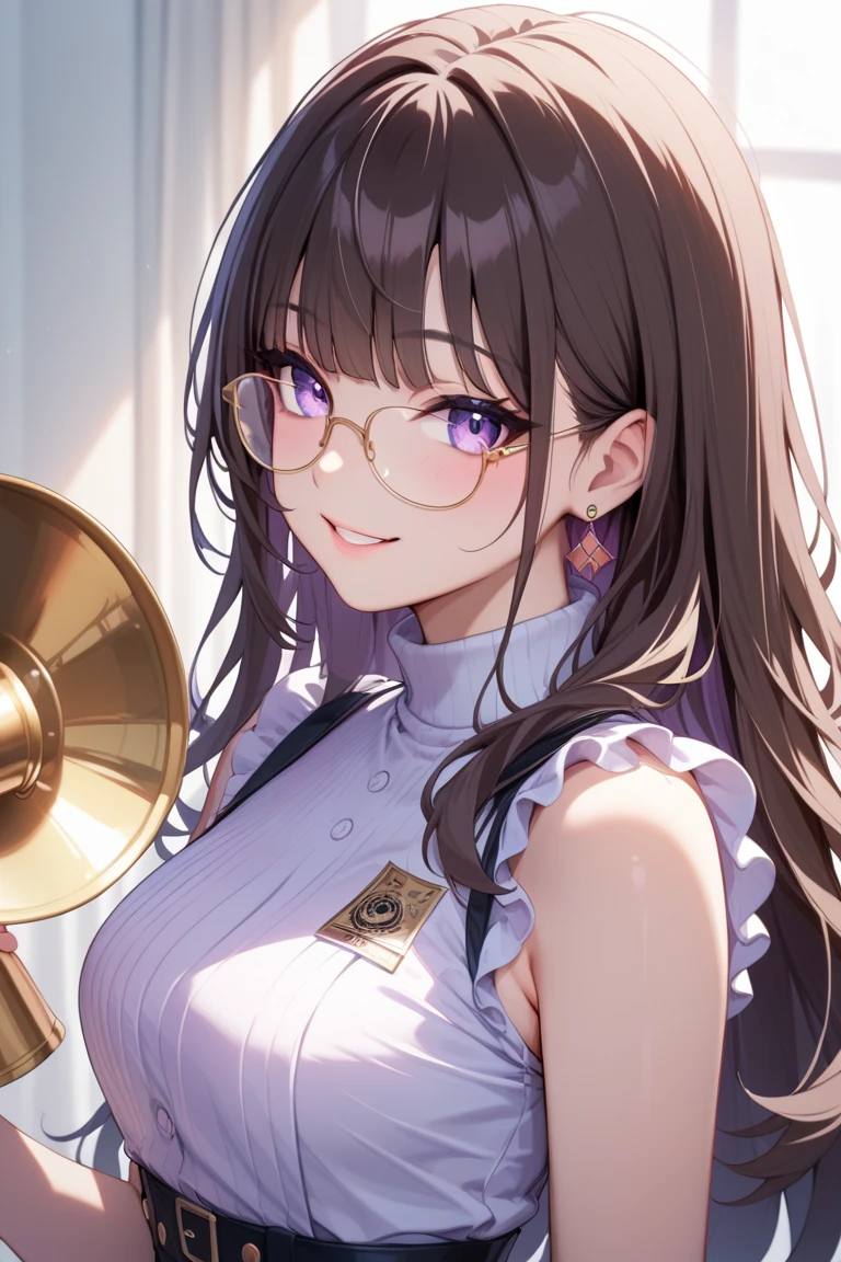 (anime screencap:1.2), masterpiece, best quality, ultra detailed 8k, (cute girl with one braid:1.2), (dark brown hair, (low ponytail, one braid), braid with ribbon), , light brown eyes, droopy eyes, glasses, smile, open mouth, large breasts, (spoken musical symbols:1.4), many hearts, giving hearts at viewer,
BREAK
(white off-shoulder blouse, frilled hem), (headband with big pink ribbon), (pink multi layered skirt, frilled hem, fluffy panniers), (white lace thigh high stockings, pink side ribbon), microphone, (floating colorful musical score, colorful musical score on background)