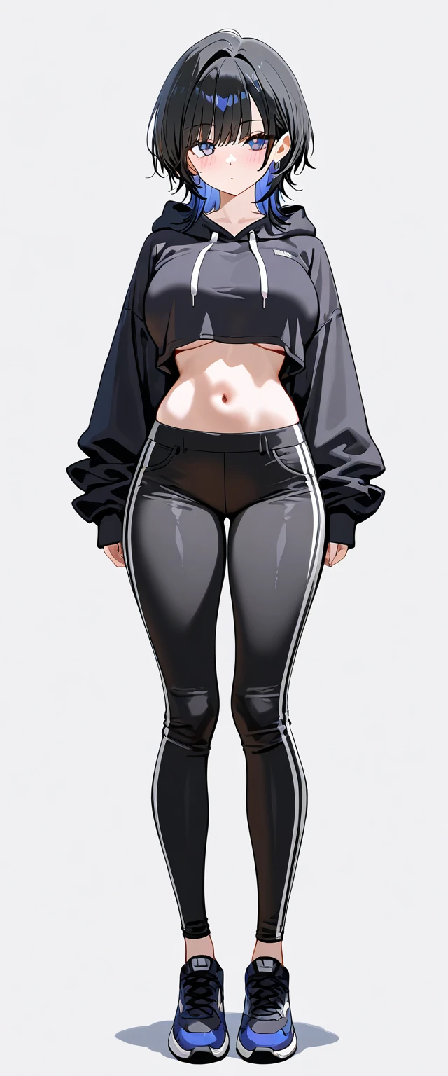  Full body image, Sexy teenager in grey long leggings Calvin Klein hotpants underneath. The label peeks out at the top of the leggings, crop top, black long straight hair, sporty