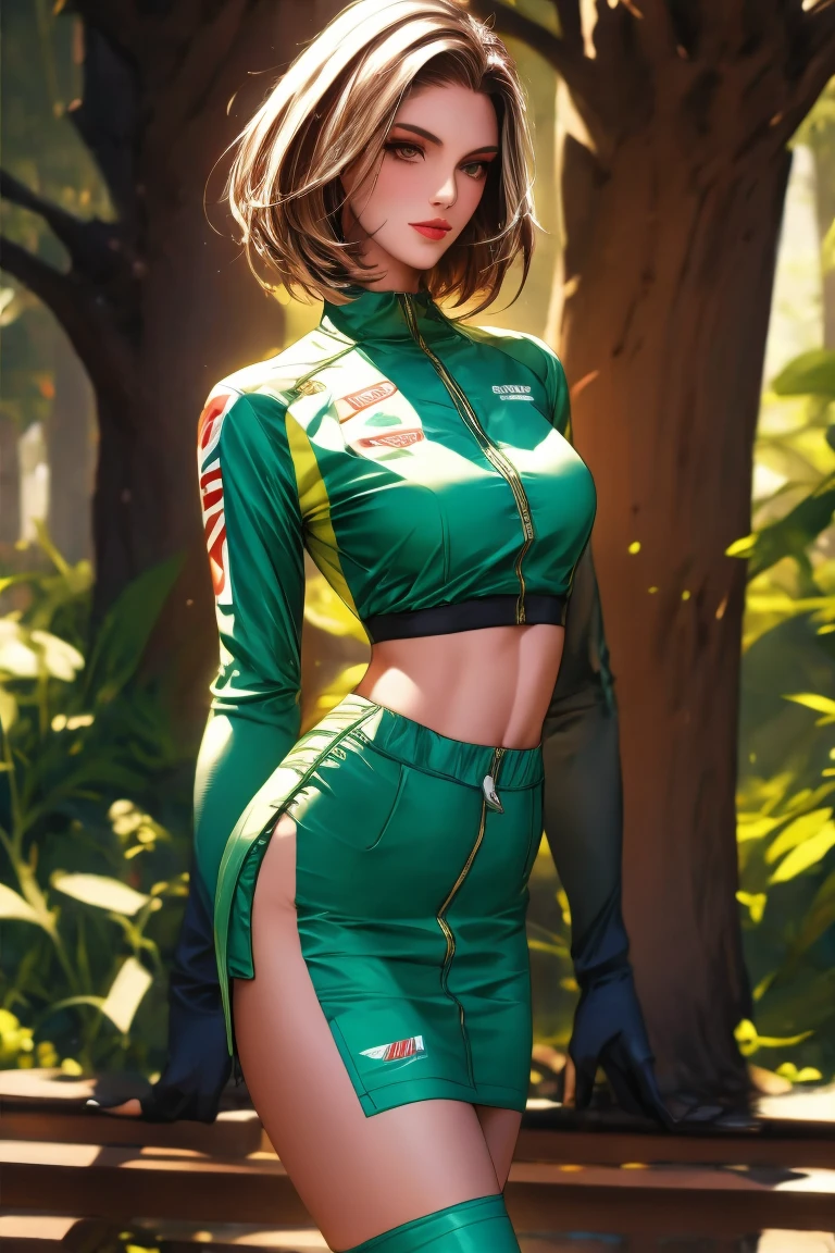 Full body image, Persona 4 Chie Satonaka, light brown very short bob hair, round face, , Double eyelids, Wearing torn mini-shorts, green track suit top, tennis shoes, white knee high stockings, Looking at Viewer, (Detailed Face), sitting (sitting 1.4), Long Legs, Thin Waist, Ultra Fine Makeup, ultra fine clothes, beautiful attractive woman, highly detailed, (Realistic lighting, Top Quality, 8K, Masterpiece: 1.3)),(High Resolution), (8K), (Very Detailed), (Best Quality), (Ultra Detailed), (Masterpiece), ultra high resolution, (photorealism: 1.4)