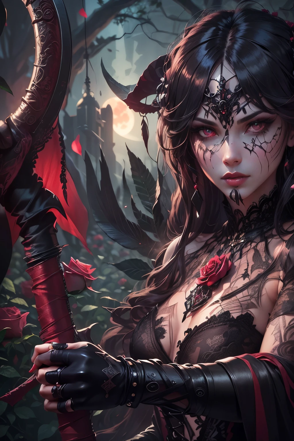 (Ultra-detailed face, Looking Away, Gothic Illustration, Dark Tone Colors.) , BREAK 
(The reddish moon makes the roses glow with a deep crimson color. The park is modeled after an old-fashioned garden in the Romanesque architectural style of medieval Europe. Particles of red-colored glowing light are drifting all around.) , BREAK 
(The queen of the crimson roses is gracefully twirling rose petals with both hands in bold poses and large movements. Speed Lines. She is surrounded by colorful roses and sharp thorny branches.) , BREAK 
(The queen of the crimson roses wears a Venetian mask with a rose motif, mixed black and red hair and eyebrows, a crisp fringe, long wavy hair reaching to her hips, small rose lips, rosy eyes, light gray skin, and eyeliner.), and (She wears a net covering her neck and a shiny rose-colored bib necklace. She wears a classic medieval European-style lace-up dress of jet-black fabric embroidered with crimson roses. She wears rose-colored laced heels with thin rosy laces.)