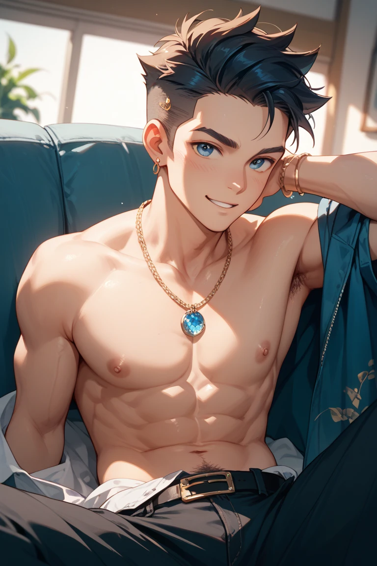 masterpiece, best quality, high quality, 1boy, solo, male focus, shirt off, yellow hair, other hand behind head, open mouth, lying on bed, full view.