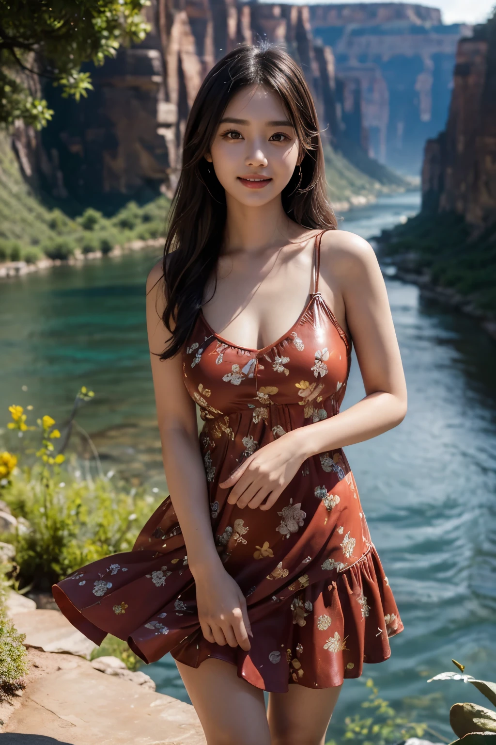 Master piece, CG Unity 8k walpaper, ((Realistic: 1.2))Ray Tracing, 64k, Beautiful 16 years girl, Korean realistic girl, Ultra Realistic, ultra HD, ((Red colour Sundress dress)), (floral Dress)), ((Super round breast under the dress)), ((young breasts)), Young body, perfect shape body, ((romantic looks)), stylish Poses ((Grand Canyon River)), Standing beside River, River has Floting water, Canyon Mountains, Beautiful smile, ((smile: 1.2)), cactus, ((detailed background)), ((Detailed Dress)), ((Detailed body)), ((detailed skin)), ((realistic lips)), ((realistic smile)), Long Black hair, cinematic lighting, cinematic Photography, High resolution Dress Quality, High resolution picture quality, sexy angles