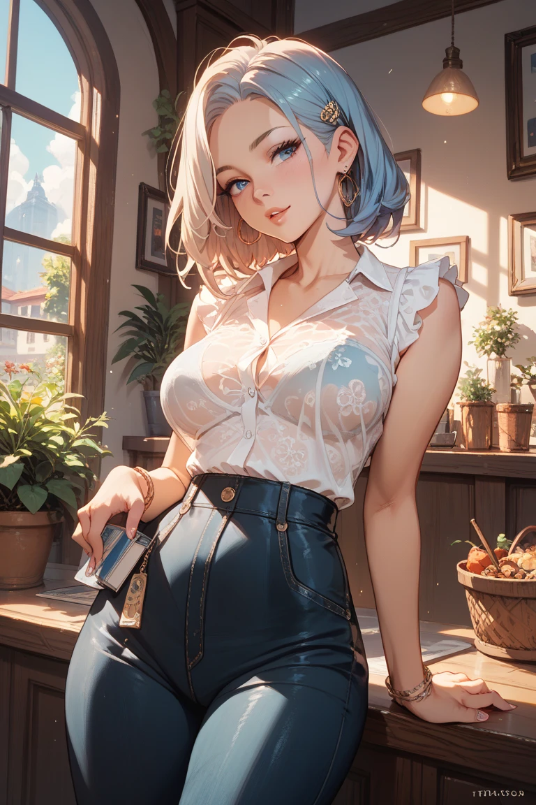 (masterpiece), (best quality), 8k resolution, 1girl, Asian girl, stunning beauty, perfect face, perfect body, mature female, 20yo, sexy, naked overalls, cinematic light, white short hair, big breast, watercolor, official art, hand draw