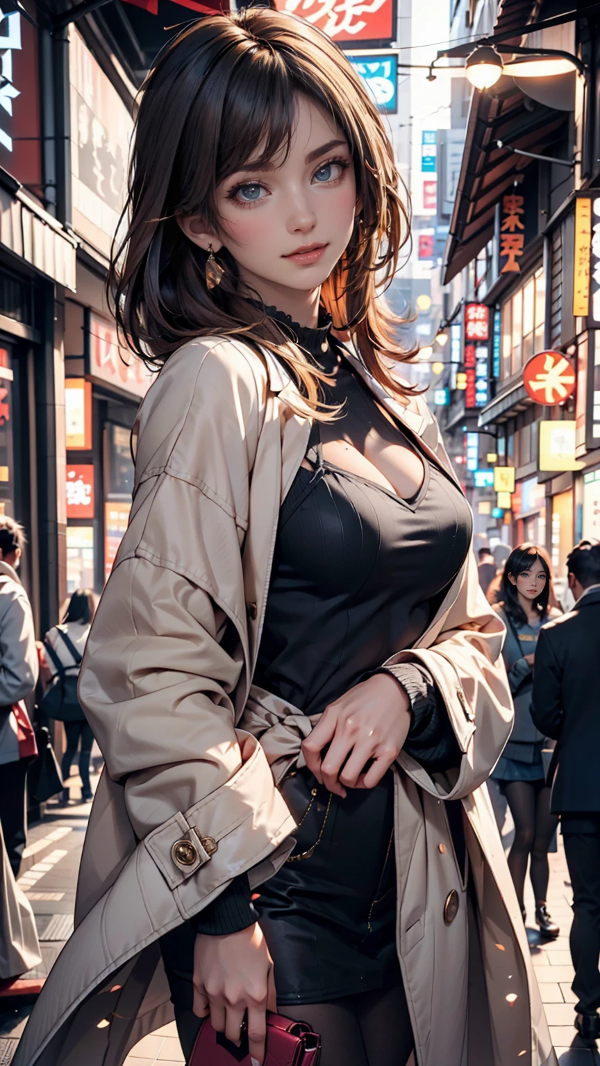 A woman standing on a street corner in a city at night with neon lights shining。She is wearing a chic coat、He has a thoughtful look on his face.。In the background are dim car headlights.、Feel the hustle and bustle of a bustling city、24-year-old woman、Sexy proportionature female body、Sexy proportionakeup、Lips with red lipstick、Textured skin((textured skin))、smile、Narrow waist