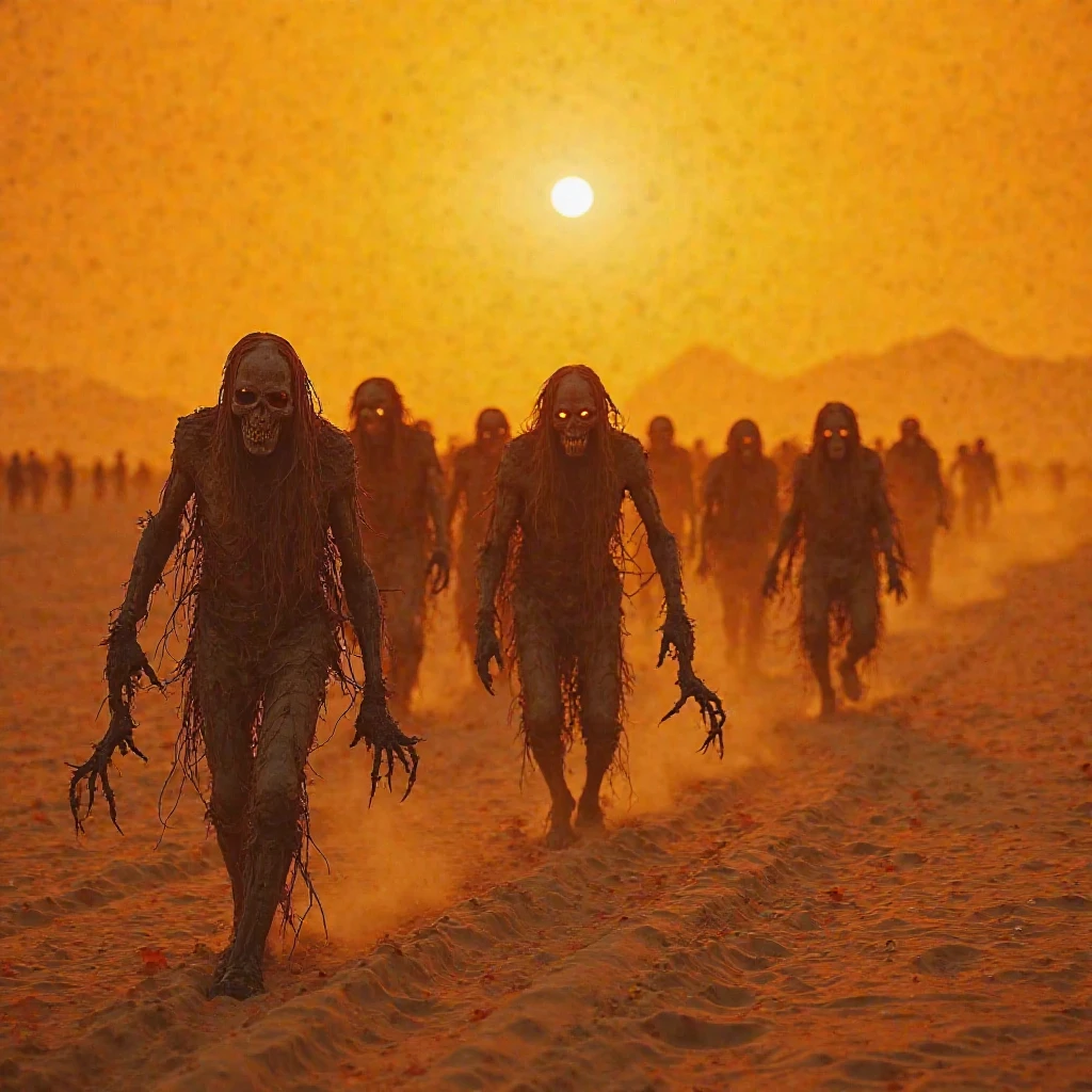 (3D rendering:3.1) in (medium full shot:3.1) of lot of 5characters from a movie for (the undead horde surges across the desert, leaving a trail of chaos and destruction in their wake. a space creature appears with red eyes glowing with an eerie light and its mouth twisted into a grotesque snarl:2.5), inspired by Zdzislaw Beksinski and Hans Bellmer art, (with Creepy, Sci-Fi, Fantasy and Horror:2.9) retro sci fi, Horror movie, very detailed body, moody, epic, shot on Kodak Vision3, (intricate details:2.4), (hyperdetailed:3.1), (8k resolution:3.1), (high detailed:4.1), lot of detailed, high quality, soft (cinematic:3.3) light, dramatic atmosphere, atmospheric pespective, (impactful art:2.8), rich colors, (3D rendering:3.1)