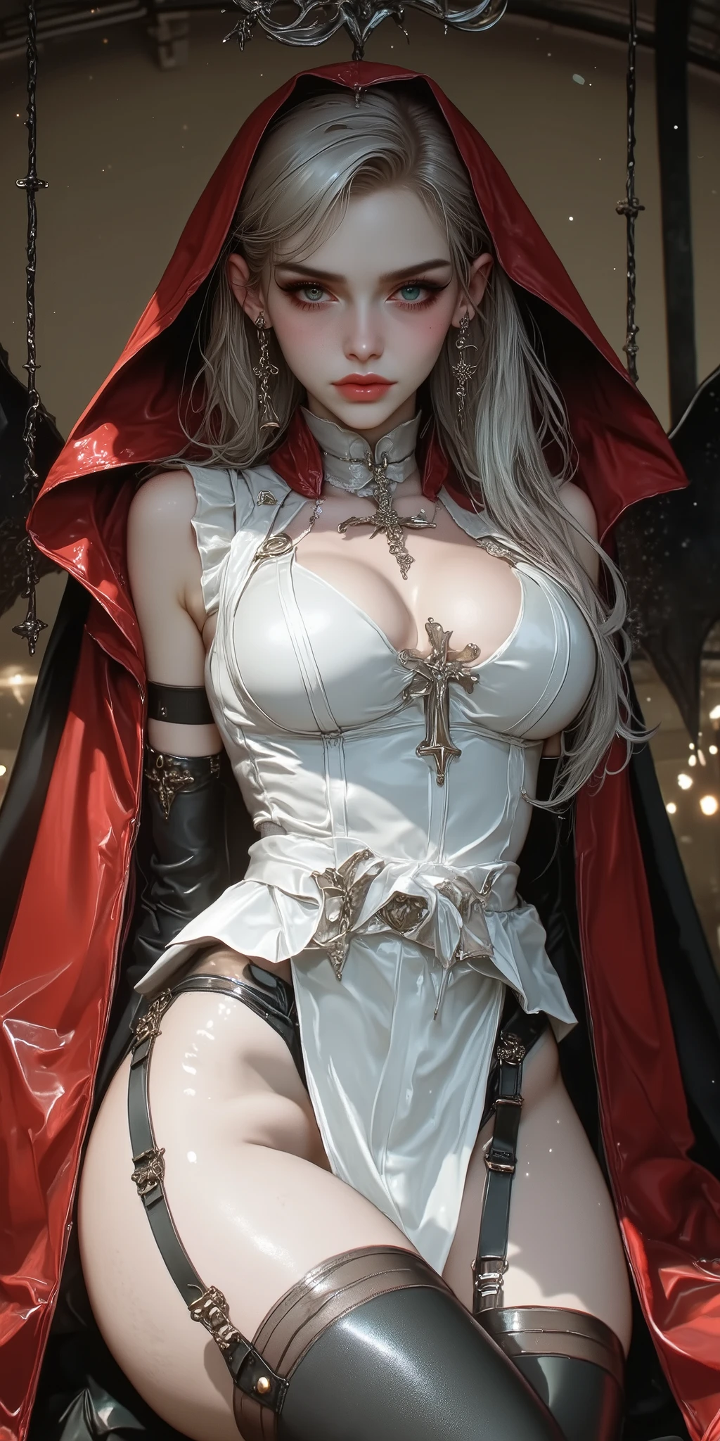 ((Sexy, tall and very beautiful russian supermodel)) ((dark eyeshadows make up)) ((bright red lipstick)) ((very pale skin)) ((seductive gaze, seductive smile)) ((big bright light blue eyes)) ((very long straight white hair)) ((big breasts:1.6)) ((slender body:1.3)) ((wears strappless black corset)) ((choker, black stocking, cape)) ((gothic, dark fantasy)) ((high definition:1.5), ((gloomy ambient)) ((pale lights)) ((masterpiece:1.5))((8k:1.7)) ((Best quality:1.4)), more_details:-1, more_details:0, more_details:0.5, more_details:1, more_details:1.5,