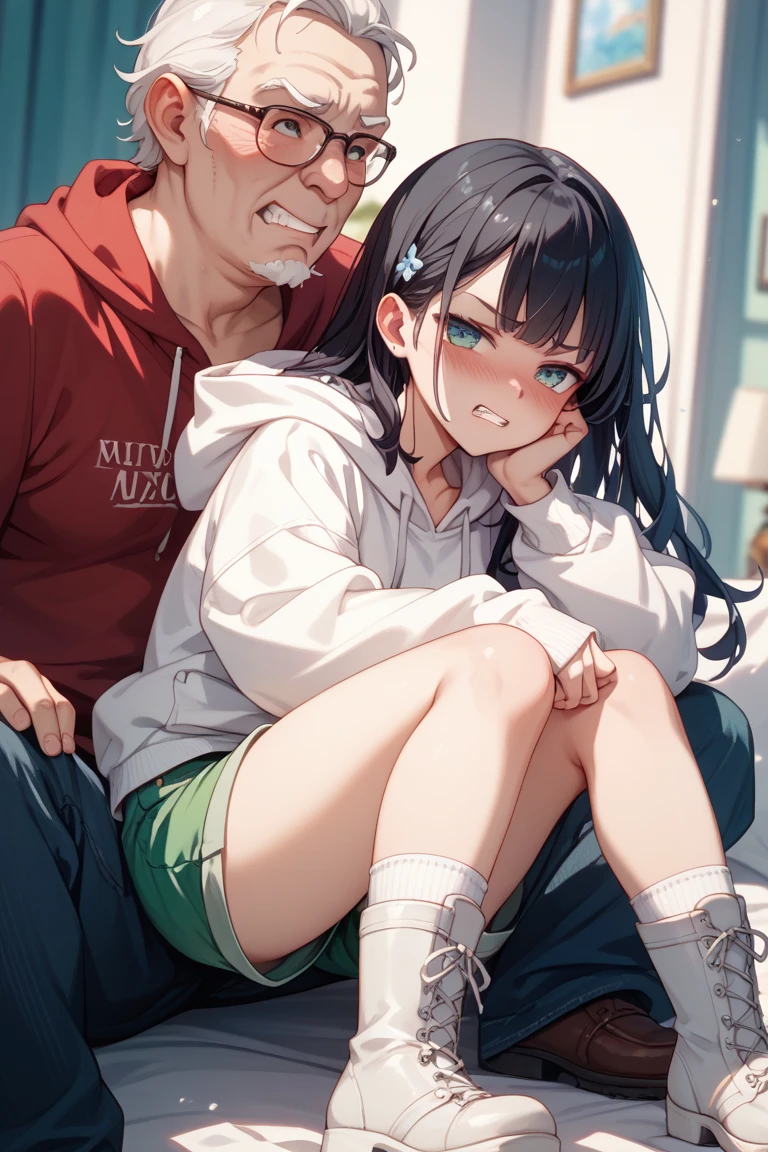 having sex with a middle-aged man、A girl sitting on a man&#39;s lap facing him、girl hugging a man、girl with a disgusted expression、white panty、thighs thighs thighs thighs、Little girl kissing man
