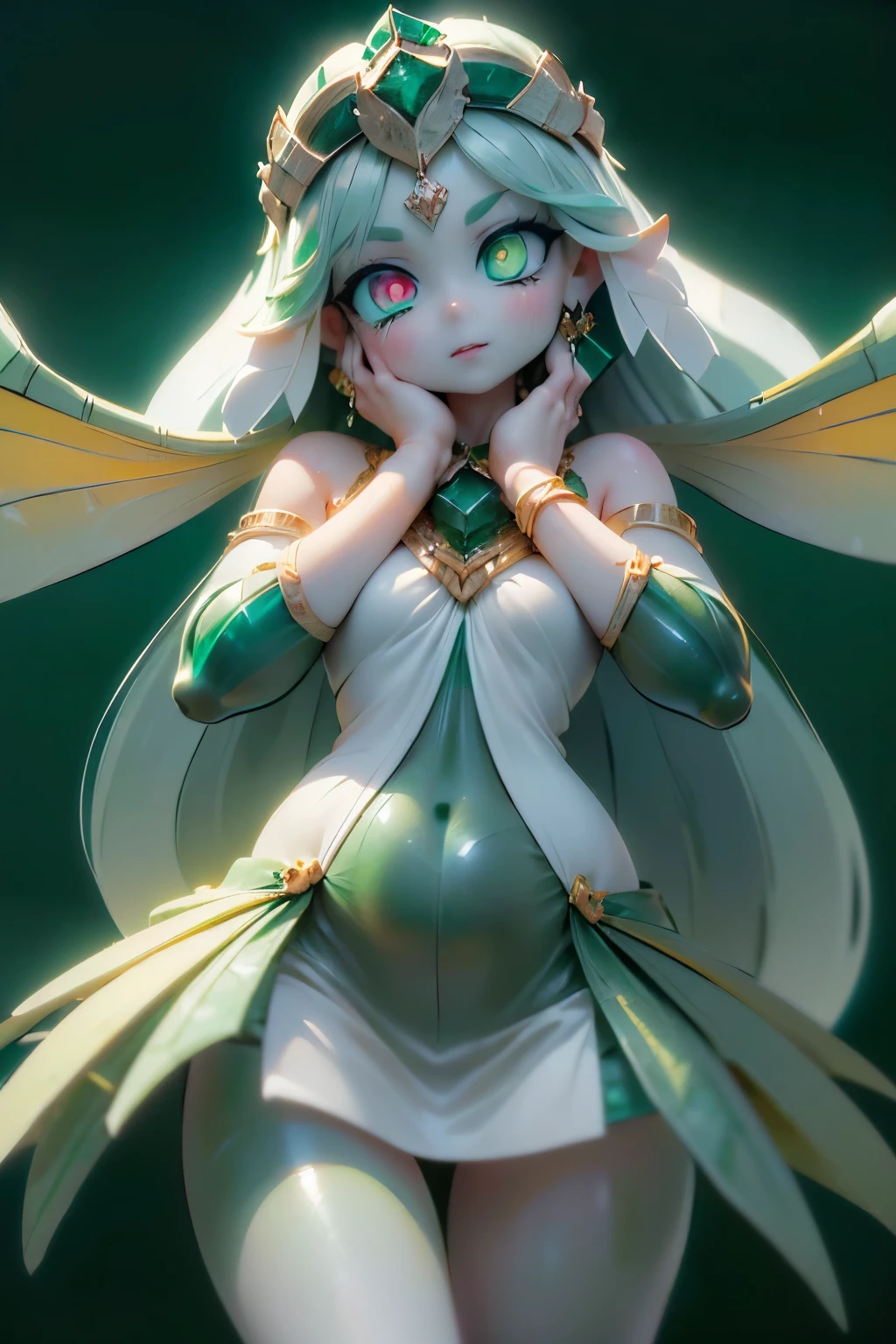 solo, female,cute, cute,small ,skin tone is white in,(succulent plant succulent fairy:1.5),(Skin color is white:2.0),(Anatomically Accurate Hands:2.0),(  ballerina pose  :1.5),(emerald green jewel-like eyes:2.5),(Yellow-green shiny semi-long hair:2.0),(  background is blue sky  とBeautiful fresh green  の森:1.5),(It's accurate even with perfect hands:1.2),(laughing:1.2),(in、背景は青空とBeautiful fresh green の森 {x} A beautiful and luxurious dress like a large transparent dragonfly or agave feathers growing on the back:1.7),(  metallic green:1.5),big cute smile,(非常に詳細なCGwallpaper:1.5),[Dragonfly Wings:1.5],(  background is blue sky  , Beautiful fresh green  , and agave forest:1.5),(8k,very well detailedCGユニットのwallpaper, masterpiece,high resolution, real skin texture ,surrealism,increase resolution,RAW photo,Best Quality,very well detailed,wallpaper,movie lights,  Raytrace  ,table top to pinch,(Face Light:2.0),(Increase overall color saturation:2.0),(cowboy shot:1.5),