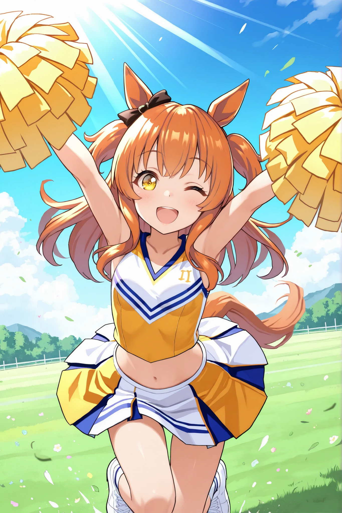 anime girl,mayanotopgun,orange hair,long hair,two side up,yellow eyes,animal ears,ear ribbon,black ribbon,horse tail,baby face,kawaii,flat breasts,(loli:1.2),big eyes,,
yellow cheerleader,yellow pom-pom in both hands,
smile bursts forth,one eye closed,open mouth wide,look at viewer,looking up,
portrait,dynamic angle,dynamic pose,support pose,outstretched arms,(jumping:1.2),
wind,sunlight,spring,beautiful meadow,horse is far away,
(top quality, Masterpiece:1.2),Chibi anime,