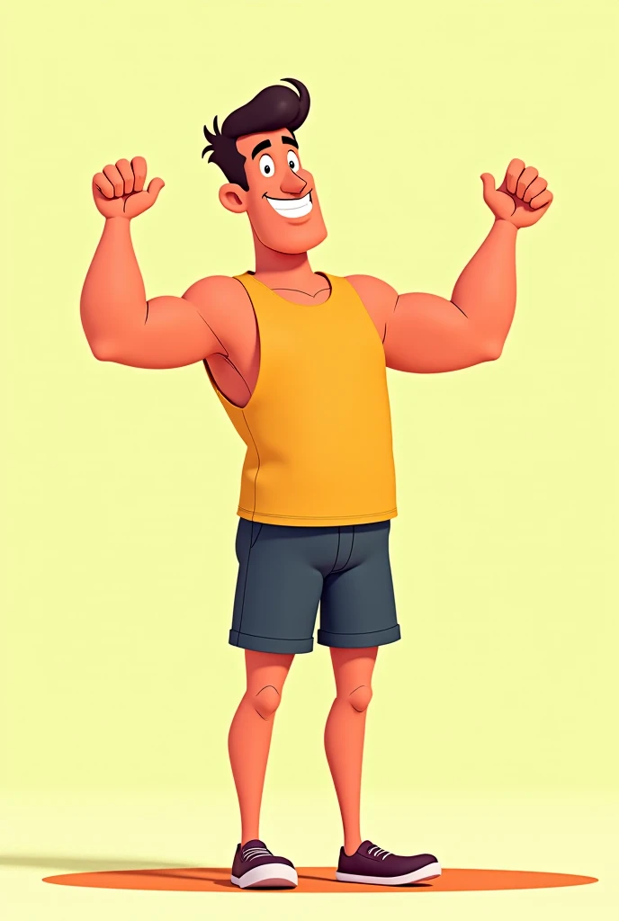 a 42-year-old Brazilian man, Disney Pixar image style, muscular body, black hair, cut low, wears jeans, black t-shirt, black sneakers, making a sign of excitement