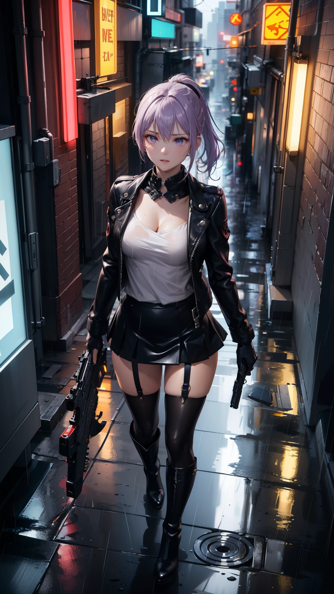 (Masterpiece, best quality, Detailed), a chic, Alone, of foot, ((seen from above)), (Holds a gun with his hand), ojos Detaileds, purple eyes shirt, Lavender hair short ponytail, Love, Medium breasts, ((harness on the torso)), ((gun case on the thigh)), ((black leather jacket)), (black gloves, ((short school miniskirt)), ( brown stockings), black boots, outdoor, city, cyberpunk, (rain), night, city lights, Neon lights, dark alley