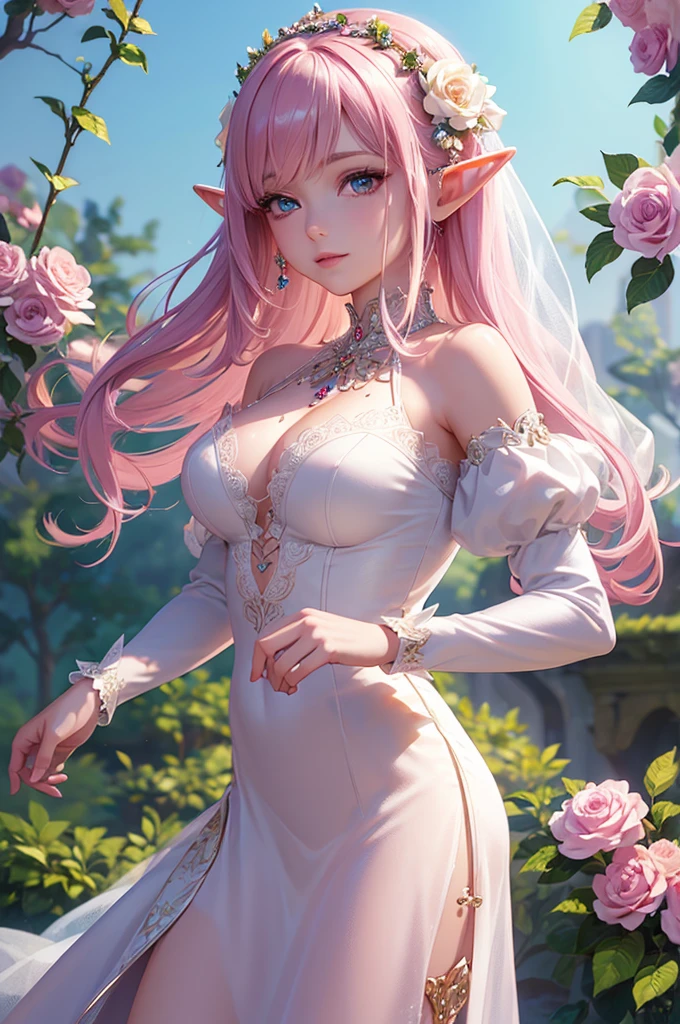 anime , realistic, On a sunny day, overhead view of a beautiful woman in a dramatic pose, her long luxurious pink flowing dress and white hair spinning in a whirlwind, draped in an exquisitely tailored couture outfit that features intricate details, luxurious fabrics patterns, sees to the sky as she embodies the epitome of sophisticated and stylish high fashion. The figure is in motion, exuding an air while wearing a dress that is a masterful fusion of contemporary design and timeless, Pink theme