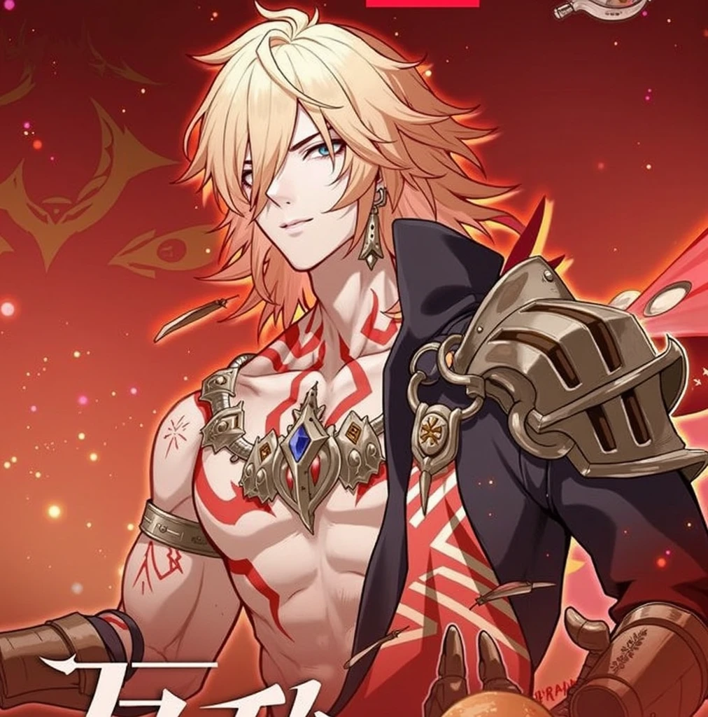 absurdres, highres, ultra detailed, HDR, master piece, best quality, Olivine, light-green hair, expressive blue eyes, Nu Carnival, solo, sexy man, handsome, horny, lewd, demon, horns, black leather clothes, red cape, accessories, showing the chest, red sky, red moon, red trees, red spider lilies, fantasy, dark magic, magical