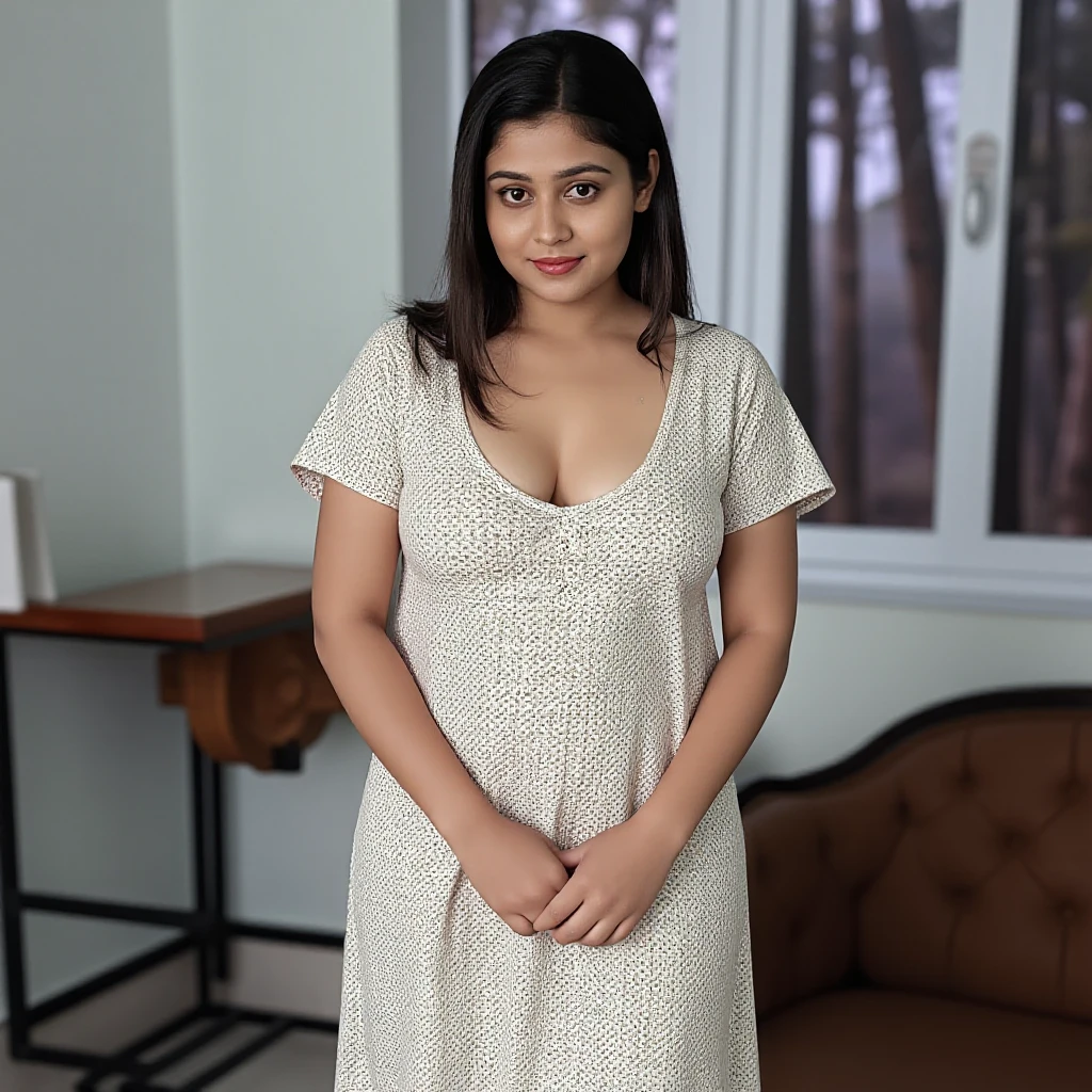 busty gorgeous indian girl wearing light short night dress