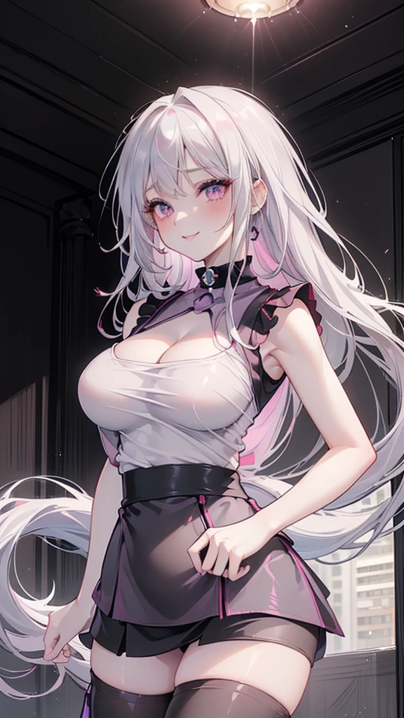 Silver hair, pink eyes, hot pink dress, cat ears, sexy girl, earrings, heart background fantasy, smiley
