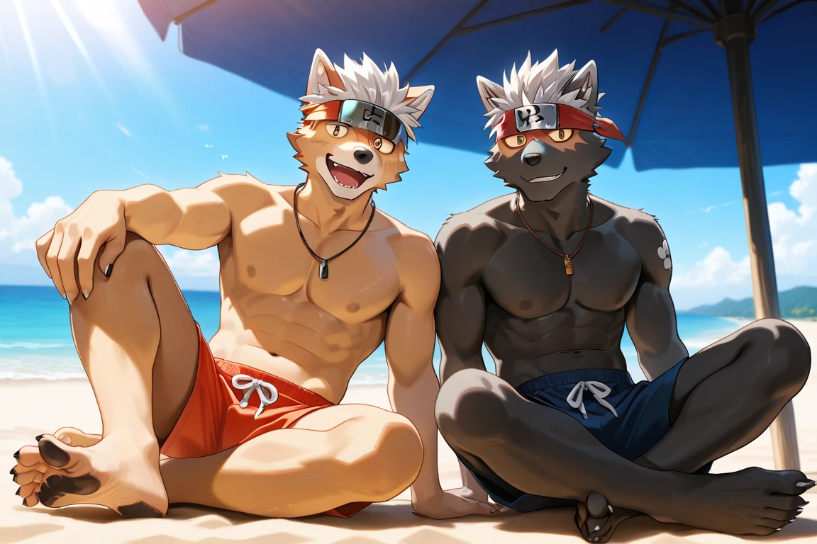 3 brown furry boys on a beach with tight micro shorts, they are tied up, they are wearing blindfolds and muzzle gags
