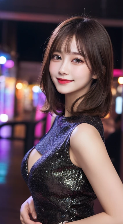 8K, Ultra-high resolution, Highest quality, masterpiece, 三分割法によるphotograph,Surreal, photograph, 1 girl, (16 years old:1.3), pretty girl, Cute face, Beautiful eyes in every detail, 細かくdetailedに,masterpiece,, One Girl:1.2, Japan Female Announcer,whole body,Young Wife, (night, (Neon Signs), (Blurred Background),Sequined fancy dress,Slutty Makeup,Bright red lipstick,A carefree smile,Healing the heart,Black hair bun,Looking at the audience、beauty,Long neck、Laugh a little、Please close your mouth and laugh、(((Ideal body type))),A-cup small breasts :2,、Portraiture:2、Perfect Anatomy、鮮明なdetailed、detailed、Surreal、Light and shadow,Strong light