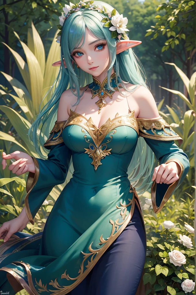 a gorgeous high elven queen, beautiful detailed eyes, beautiful detailed lips, extremely detailed face and eyes, long eyelashes, thick thighs, magical forest background, glowing magical energy, ethereal lighting, vibrant colors, fantasy art, digital painting, cinematic, 8k, highly detailed, photorealistic