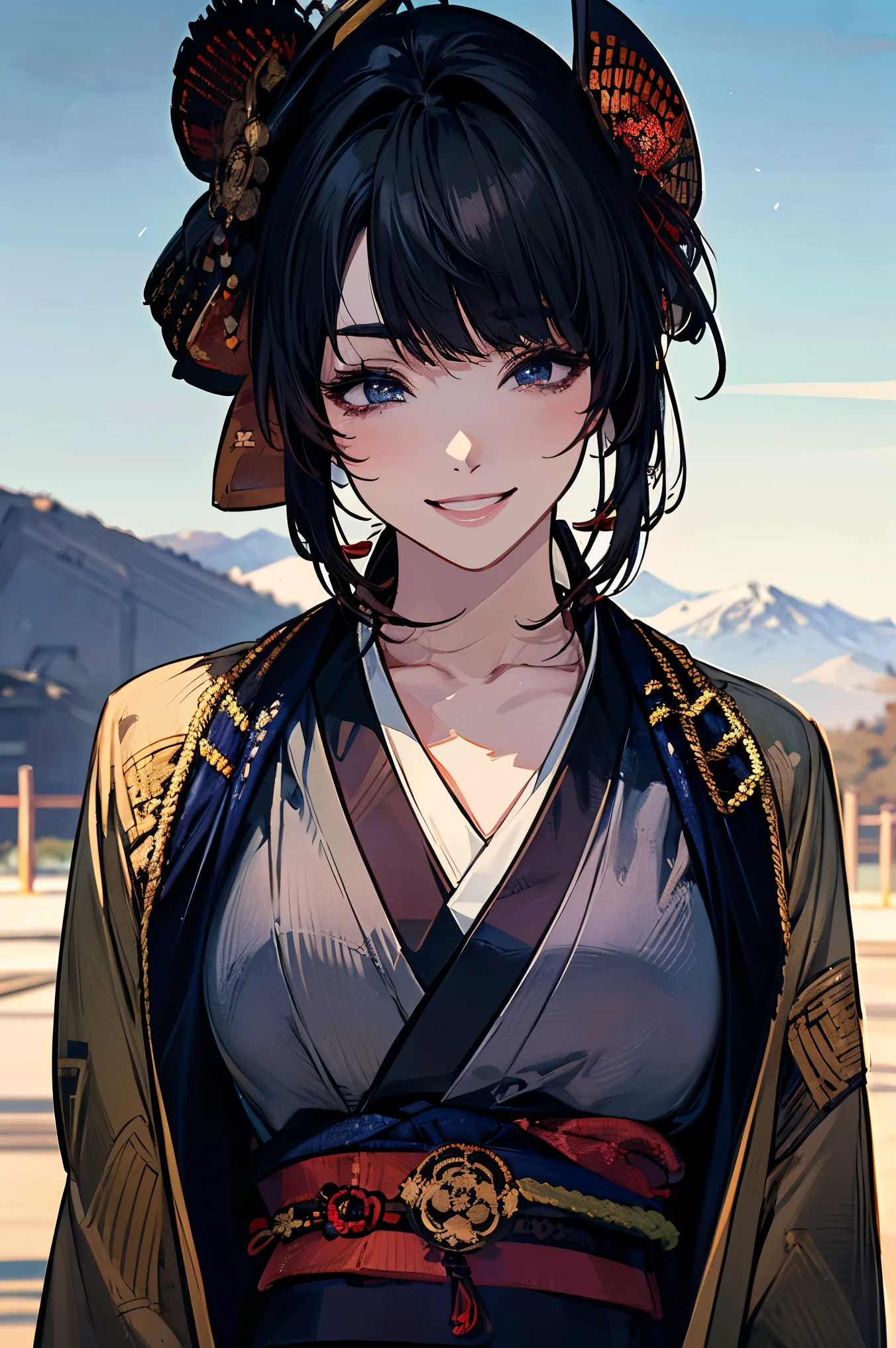 (masterpiece:1.5),beautiful hair,beautiful eyes,beautiful lips,Beautiful slender body,(Konno Anna:1.2),(Riho Yoshioka:1.1),(close your eyes and smile:1.3),(Mountains in the background:1.4),bust illustration from the front ,((((An Extraordinary Beauty:1.7)))),(((( kimono,military jacket,Taisho Romance:1.5)))),((19-year-old single woman holding a fish in her hand:1.1)),(anatomically correct hand depicted accurately:1.1)black hair,long lashes,Three-dimensional, jewel-like eyes,Very delicate and beautiful CG,2. 5D illustration, anatomically accurate body, (Extremely precise illustrations:1.1),(Outdoors:1.4), (wallpaper:1.4),8k