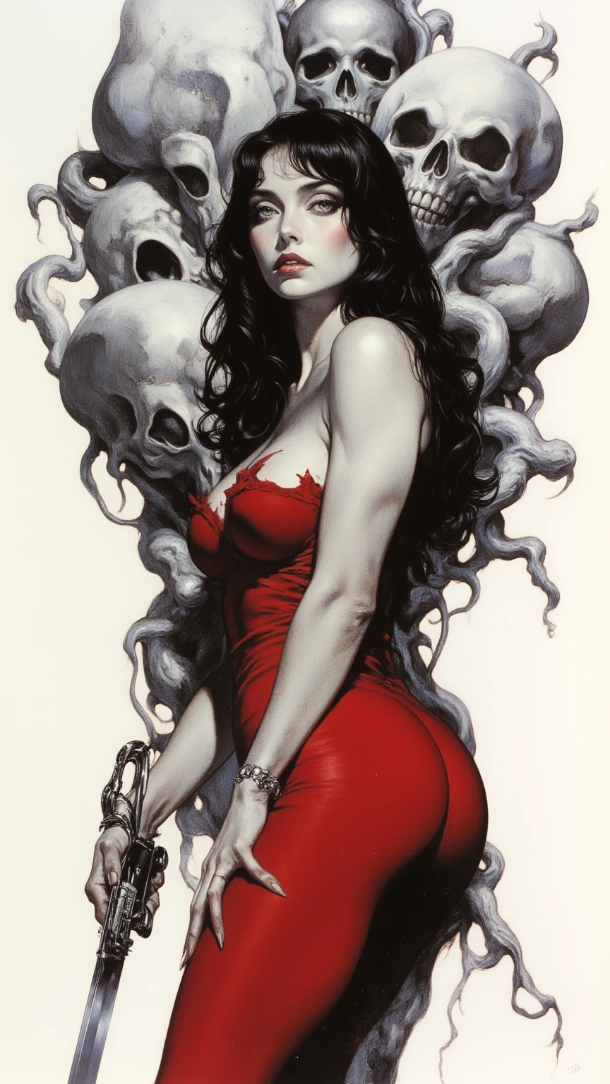 lustful expressions, (full body photo:1.5), curvy woman,sitting nude upon a pile of skulls, cinematic, adult faces, masterpiece, best quality, beautiful detailed eyes, (red to orange fade hair, blue eyes), (long hair, brown eyes), extremely detailed, large breasts, insane details, intricate details, hyperdetailed, long sleek black 1940s gown, eyeshadow, lipstick, <lora:n15g_aio_hairstyles-1.0:1>, mega side ponytail