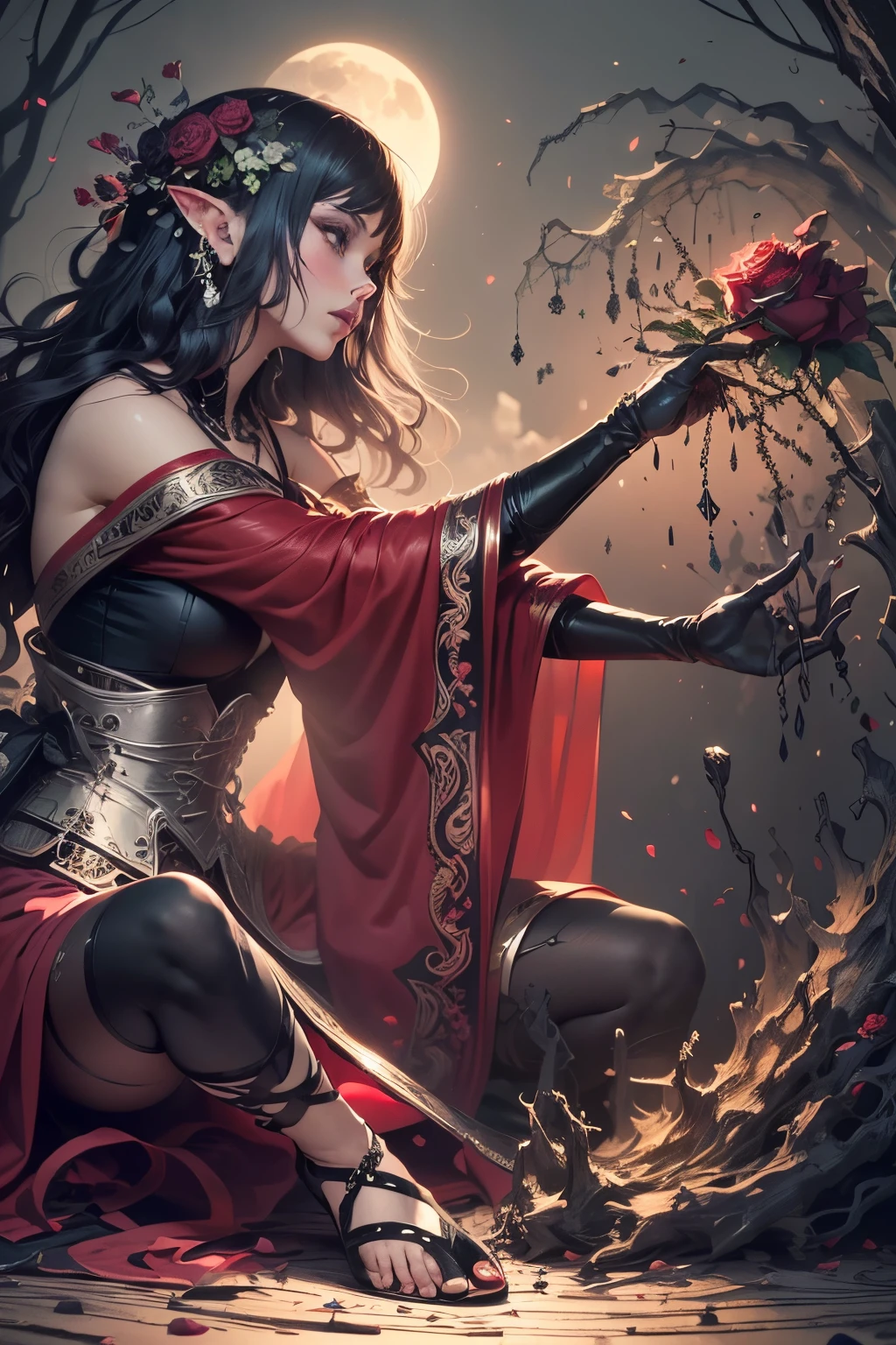 (Ultra-detailed face, Looking Away, Gothic Illustration, Dark Tone Colors.) , BREAK
(The reddish moon makes the roses glow with a deep crimson color. The park is modeled after an old-fashioned garden in the Romanesque architectural style of medieval Europe. Particles of red-colored glowing light are drifting all around.) , BREAK
(The queen of the crimson roses is gracefully twirling rose petals with both hands in bold poses and large movements. Speed Lines. She is surrounded by colorful roses and sharp thorny branches.) , BREAK
(The queen of the crimson roses wears a Venetian mask with a rose motif, mixed black and red hair and eyebrows, a crisp fringe, long wavy hair reaching to her hips, small rose lips, rosy eyes, light gray skin, and eyeliner.), and (She wears a net covering her neck and a shiny rose-colored bib necklace. She wears a classic medieval European-style lace-up dress of jet-black fabric embroidered with crimson roses. She wears rose-colored laced heels with thin rosy laces.)
