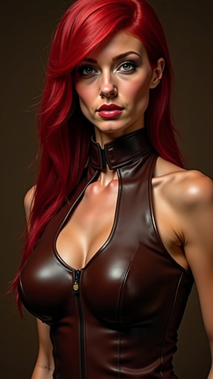 Gorgeous european woman with, long ponytail, wet hair, hair slicked back, combed straight back, slick hair, red gradient hair, dressed as a cowgirl in rough leather, whip, belt, cleavage, solid dark grey background