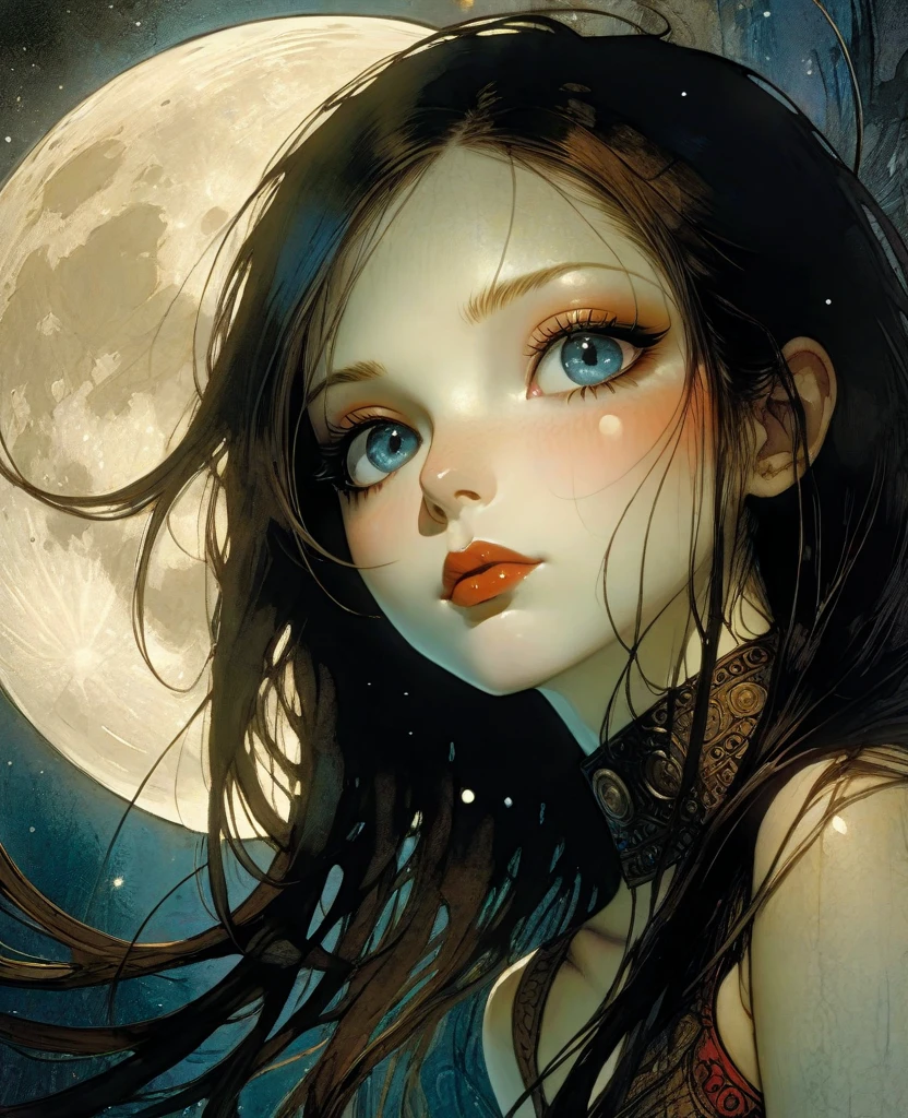 Como uma garota com cabelo cacheado, volumosos e cacheados na altura dos ombros, black eyes and an extremely pale face with fleshy, black lips, olhos de formado amendoado e sobrancelhas bem marcada, cabelo com adornos dourados como contas presas a ele em todo o seu comprimento, sporting a moon diadem over his head , rosto perfeito, rosto detalhado, olhos negros perfeitos, olhos com maquiagem e delineador preto, gargatilha de ouro, wearing a white Egyptian-style tunic from the ancient Macedonians, Rosto no estilo anime, Painting in non-anime style, lips brown color, olhos perfeitos, fearful eyes like cat's eyes wearing a white robe, ao fundo uma tumba antiga