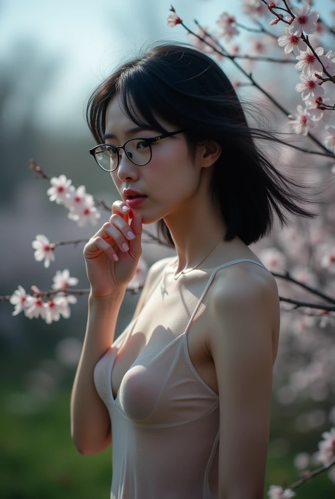 Sarada Uchiha dark hair,short black hair,red glasses,stunning black eyes,clear skin,18-year-old girl,fashionable short hairstyle,vibrant red glasses,Shinobi Academy, she has emerald eyes, a sharp nose, white skin, and a soft face, (best quality, highres:1.2), 1girl, beautiful detailed eyes, beautiful detailed lips, extremely detailed eyes and face, long eyelashes, HDR, studio lighting, sharp focus, physically-based rendering, extreme detail description, portraiting breasts, perfect shape, facing viewer, sweaty, gorgeous, appearing in full frame, good-looking, Beautiful fair skin and luster, Beautiful eyes are big and bright, Small mouth and thin lips, Goodness of style and slendernes), beautiful girl illuminated by seven colors of light, Irridescent coloe, showing off her figure, seductive and confident, enchanting aura, surrounded by cherry blossom trees, delicate and vibrant petals falling all around her, soft pink and white colors, sunlight filtering through the trees, creating a warm and dreamy atmosphere, show nipples, medium breasts, show vagina, spread legs..