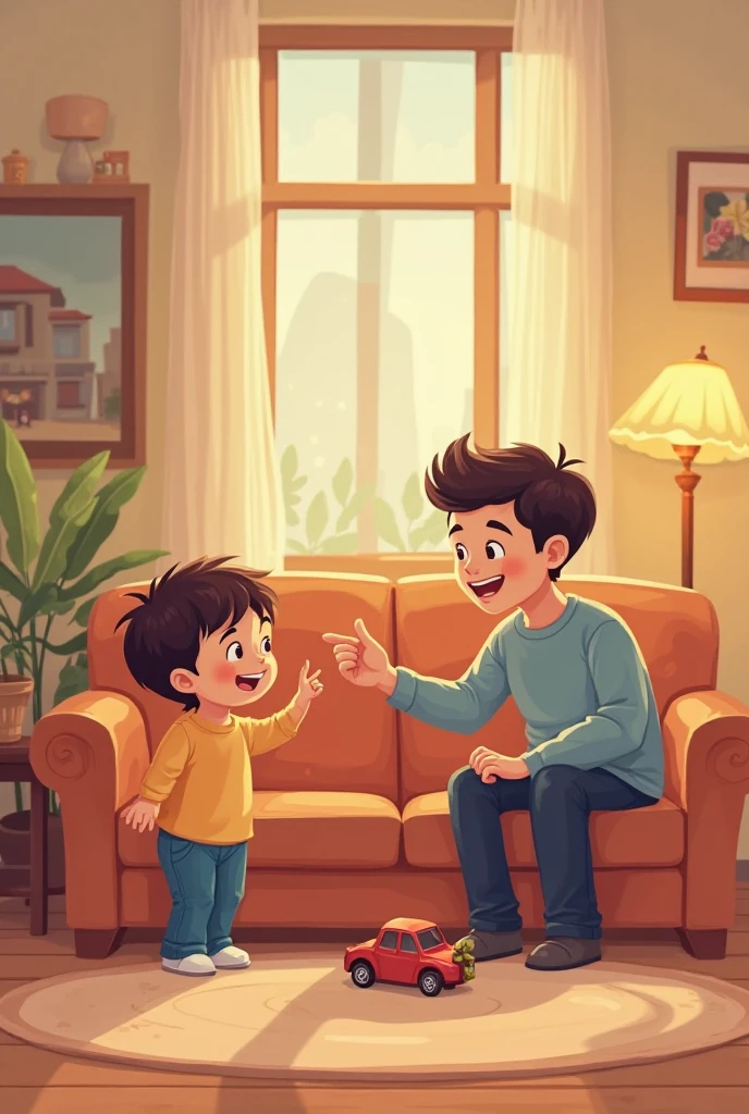 Show me a situation where a teenager is telling his parents about something, while his younger brother interrupts the conversation while singing children's songs, There is only one teenager and one younger brother