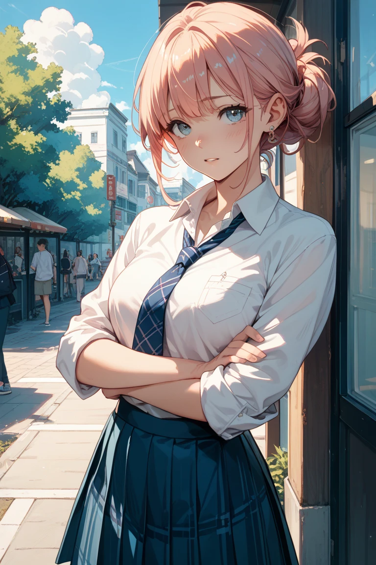 (masterpiece:1.3, top-quality), ultra high res, ultra detailed, (realistic, photorealistic:1.4), beautiful illustration, perfect lighting, colorful, depth of fields, surrealism, (face focus, upper body),
beautiful hair, beautiful face, extremely detailed face, beautiful detailed eyes, beautiful clavicle, beautiful body, beautiful chest, beautiful thigh, beautiful legs, beautiful fingers,
looking at viewer, 1 girl, solo, hight school girl, (perfect anatomy, anatomically correct, super detailed skin), cute and symmetrical face, babyface, perfect face, perfect eyes,
(short hair:1.2, straight hair:1.2, pink hair), sidelocks, bangs, blue eyes, sharp eyes, eye brows, double eyelid, (large breasts:0.8, large ass, seductive thighs, skindentation),shiny skin, slender,
(detailed cloth texture, grey plaid tie, (navy knit vest), collared long sleeve white shirt, grey plaid pleated skirt), black socks, white panties, black school bag,
(beautiful scenery), morning, (downtown), walking, (lovely smile),