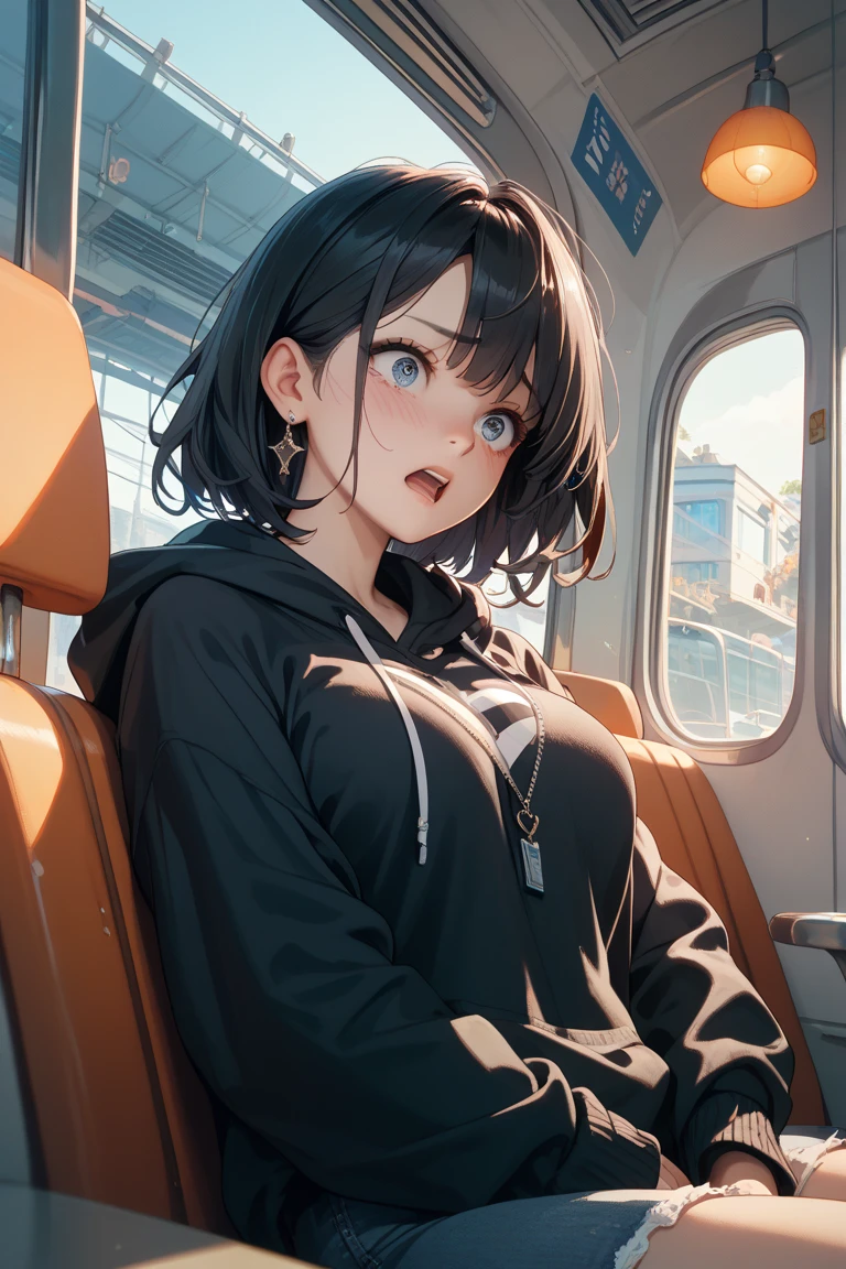 High school girl, closing the zipper, pretty face, skirt, one person, long hair, inside the train, sitting, looks cold, black fluffy down jacket, fluffy down jacket