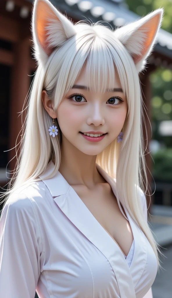 (((highest quality)))、4k、In the botanical garden、 beautiful girl、smile、Hair color is silver hair、The ends of the hair are curled、ponytail、have large breasts