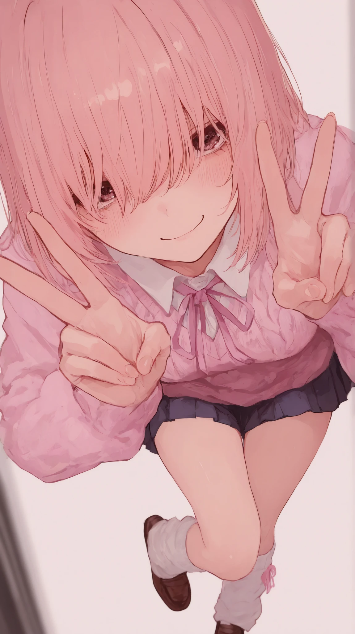 8k Wallpaper、 masterpiece、 Best Quality、 absurd, newest, Womens 1 、((Aisaka Taiga,Toradora))Light pink hair 、bob cut hair ,hair over eyes, no eyes,school uniform, baggy and long pink knit sweater, white collared-shirt with ribbon, pink big ribbon, wear a (dark pleated mini skirt:0.6) under a sweater, (exposed dark pleated mini skirt:0.6), white loose socks with ribbon, (small pink ribbon decoration on socks), brown loafers,, beautiful eyes、gyaru v,double v gesture, beautiful feet,white simple background 、masterpiece, High detail,. smile、masterpiece, Amazing Picture Quality , super high image quality、 newest,, volumetric lighting with 5 fingers、Wide-angle view of the whole body,The atmosphere is dreamy and ethereal.super fine illustration, highly detailed, dynamic angle, beautiful detailed, 8k,135mm f1.0 fixed focal length lens
Soft Focus on the Foreground, Bokeh-filled Foreground, Shallow Depth of Field, Delicate Blur, Subtle Transitions, Depth and Atmosphere,
