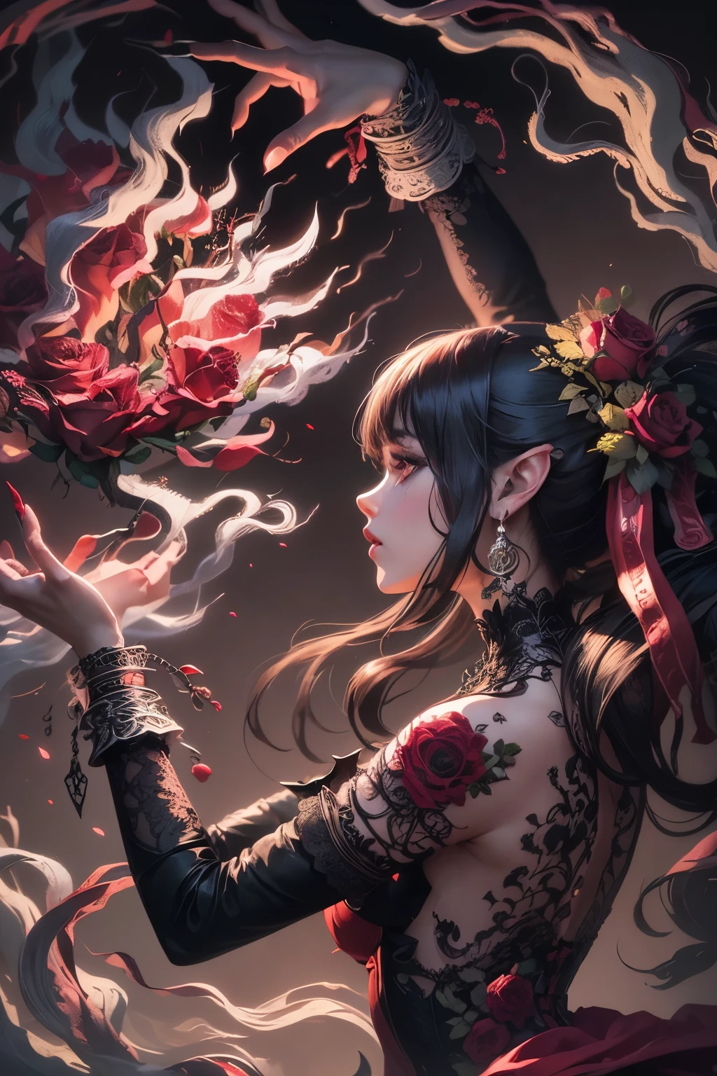 (Ultra-detailed face, Looking Away, Gothic Illustration, Dark Tone Colors.) , BREAK
(The reddish moon makes the roses glow with a deep crimson color. The park is modeled after an old-fashioned garden in the Romanesque architectural style of medieval Europe. Particles of red-colored glowing light are drifting all around.) , BREAK
(The queen of the crimson roses is gracefully twirling rose petals with both hands in bold poses and large movements. Speed Lines. She is surrounded by colorful roses and sharp thorny branches.) , BREAK
(The queen of the crimson roses wears a Venetian mask with a rose motif, mixed black and red hair and eyebrows, a crisp fringe, long wavy hair reaching to her hips, small rose lips, rosy eyes, light gray skin, and eyeliner.), and (She wears a net covering her neck and a shiny rose-colored bib necklace. She wears a classic medieval European-style lace-up dress of jet-black fabric embroidered with crimson roses. She wears rose-colored laced heels with thin rosy laces.)