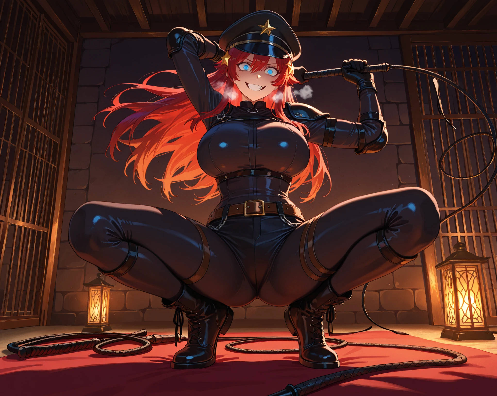 Rias gremory, huge, mind control, latex, body, highres, garrison cap, platform heels, female fighter, brainwashed soldier, spiral eyes, blue eyes, long hair, submissive,