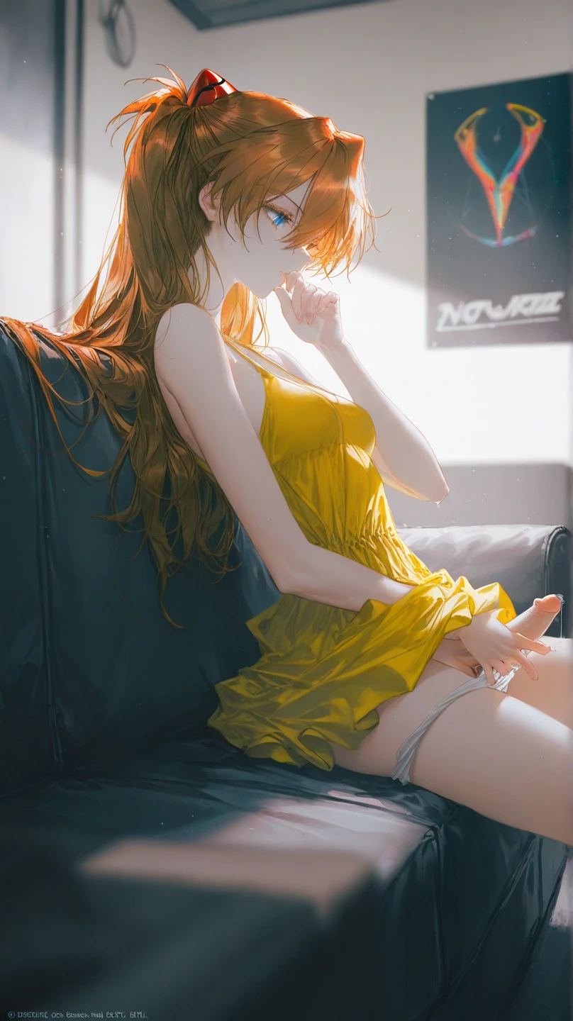 (((droopy eyes))), ((luxurious)) (((((orange hair color)))) ((GREEN EYES))((THICK THIGHS))((white thigh high socks))((warm lighting and hue))((half up pigtails with ribbon hair))((luxurious))((((submissive eyes, girl)))) small breasts narrow waist and wide hips))((long sleeves))) ((cozy night wear that is luxurious)) ((nipples erect))((((submissive look, very submissive and lewd))))((((sitting on a couch)))) ((elegant creative yellow dress))((((yellow dress))))
