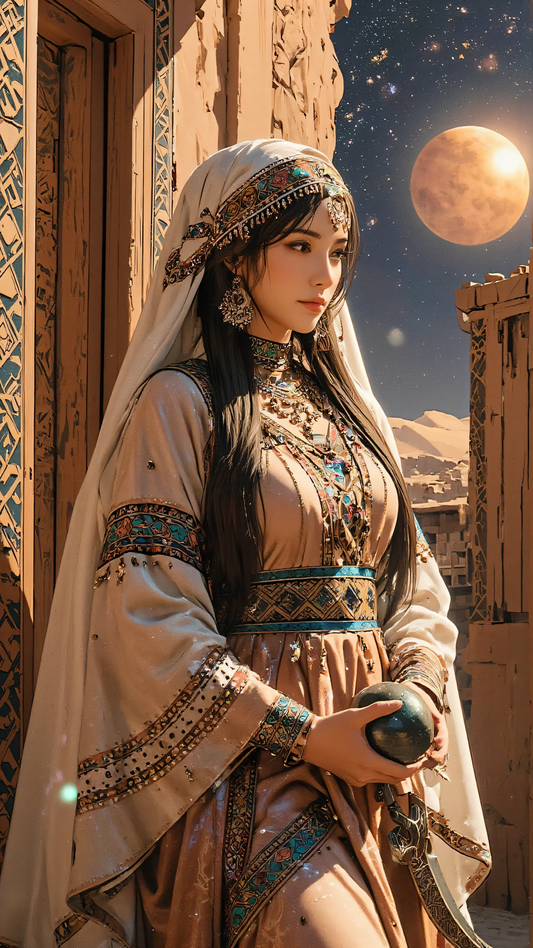 A stunning Middle Eastern woman standing on the edge of a floating desert planet, wearing a translucent cosmic abaya that shimmers with galaxies and nebulae. Her skin glows like moonlight, eyes reflecting the star maps of ancient civilizations. Crescent-shaped ornaments hover around her head like a celestial crown. She holds a glowing orb encoded with forgotten prophecies in one hand and a curved blade made of meteorite in the other. Behind her, twin suns illuminate ruins of a futuristic bazaar built into cliffs of sapphire dust. Sand floats weightlessly, and constellations orbit her body. Fusion of Arabic mysticism and space opera, surreal atmosphere, ultra-detailed, 8K, dreamlike, cinematic, emotionally powerful.