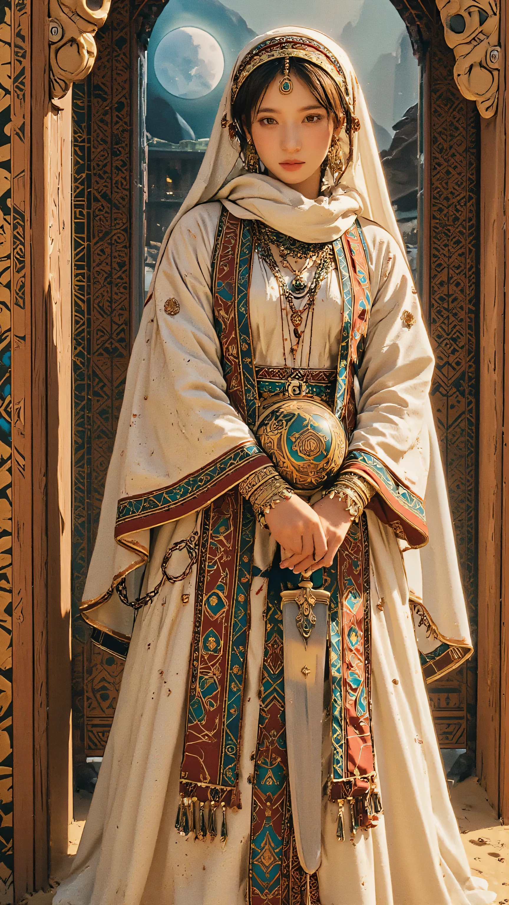 A stunning Middle Eastern woman standing on the edge of a floating desert planet, wearing a translucent cosmic abaya that shimmers with galaxies and nebulae. Her skin glows like moonlight, eyes reflecting the star maps of ancient civilizations. Crescent-shaped ornaments hover around her head like a celestial crown. She holds a glowing orb encoded with forgotten prophecies in one hand and a curved blade made of meteorite in the other. Behind her, twin suns illuminate ruins of a futuristic bazaar built into cliffs of sapphire dust. Sand floats weightlessly, and constellations orbit her body. Fusion of Arabic mysticism and space opera, surreal atmosphere, ultra-detailed, 8K, dreamlike, cinematic, emotionally powerful.
