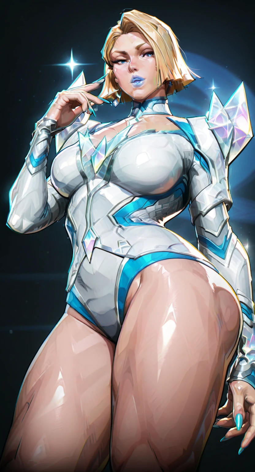 1girl, wide hips, large breasts, wide hips, blonde hair, short hair, very short hair, blue eyes, futuristic, machinery, science-fiction, tech, shoes, sneakers, neon trim, bikini, white bikini, white clothes, blue neon trim, full body, light smile
