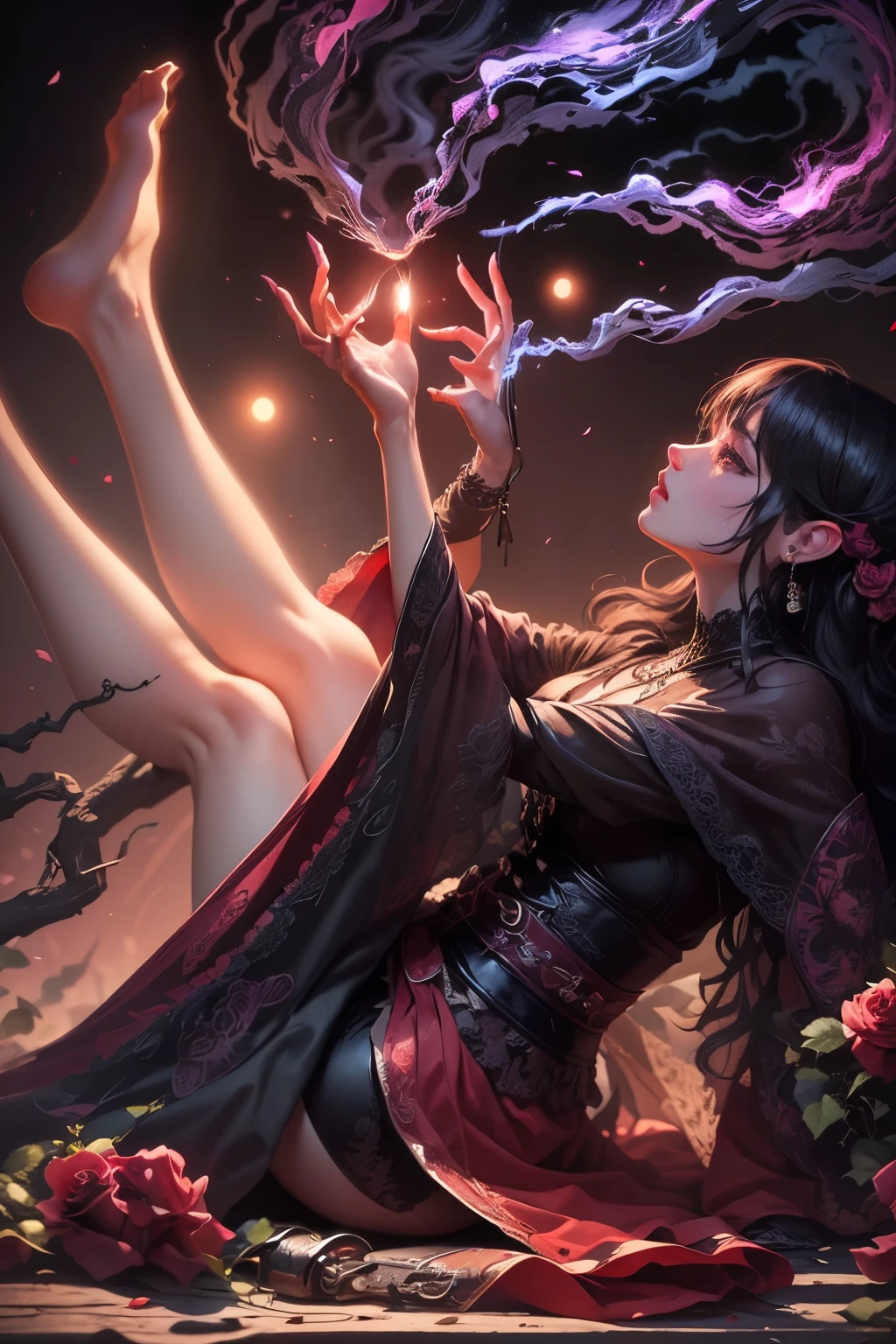 (Ultra-detailed face, Looking Away, Gothic Illustration, Dark Tone Colors.) , BREAK
(The reddish moon makes the roses glow with a deep crimson color. The park is modeled after an old-fashioned garden in the Romanesque architectural style of medieval Europe. Particles of red-colored glowing light are drifting all around.) , BREAK
(The queen of the crimson roses is gracefully twirling rose petals with both hands in bold poses and large movements. Speed Lines. She is surrounded by colorful roses and sharp thorny branches.) , BREAK
(The queen of the crimson roses wears a Venetian mask with a rose motif, mixed black and red hair and eyebrows, a crisp fringe, long wavy hair reaching to her hips, small rose lips, rosy eyes, light gray skin, and eyeliner.), and (She wears a net covering her neck and a shiny rose-colored bib necklace. She wears a classic medieval European-style lace-up dress of jet-black fabric embroidered with crimson roses. She wears rose-colored laced heels with thin rosy laces.)