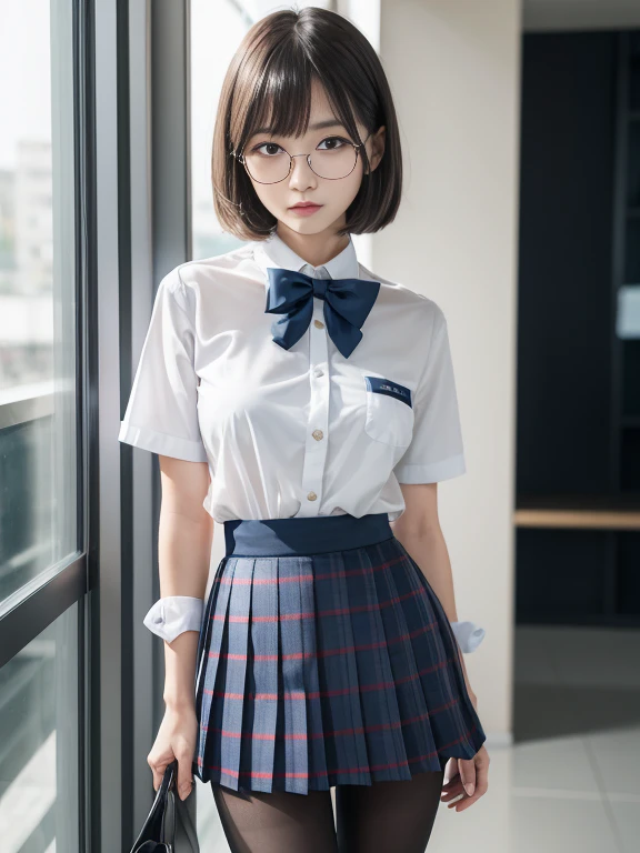 (8K、生photograph、Highest quality、masterpiece:1.2),(Small breasts)、(Small breasts)、(Small breasts)、(Small breasts)、Look straight ahead、pupil,De Pere Blanca,(Black Pantyhose),Small face、Chest is petanko,前hairを真ん中から分ける,The forehead is visible,(business,Glare,strong,Are thin,Irritation)、masterpiece,Highest quality,Ultra-high resolution,生photograph,even,beautiful、One person,One person,Glasses,,Strong face、丸Glasses、cute、JK、high school girl、Japanese women、Are standing、(PhotoReactive:1.37)、Photon Mapping、Light blue ribbon、Real、cute小さな顔、Brown eyes、Black socks、(Red bow tie)、Radio City、Physically Based Rendering、Prospect、Character boundary depth、Blurred Background、photograph、girl、body、Beautiful feet、Long legs、Thin legs、(前hairが見える)、hair、lips、blue_The目、Soft Nose、(Light blue shirt)、Navy and blue white pattern pleated skirt、I can see your knees、See-through clothing、Thighs、black cotton socks、Nogizaka Idol、、Japan Ido