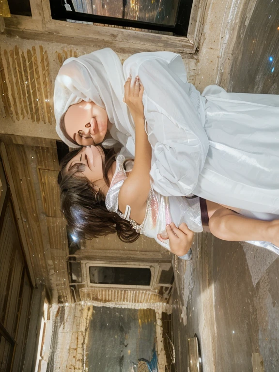 1girl,Spider weaves a net on a girl, very realistic, very detailed,bed,stretched, dark cave, struggle in the net,brown haired, very long sheer skirt,lying down,(blindfold:1.4),(ballgag:1.4)