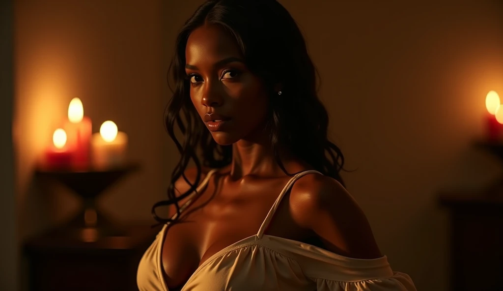 Black woman. Brown skin. Long flowing black hair. Flower styled dress. Smiling. Red glowing eyes. Gold lightening crackling in the room. Sitting in a village styled home. Ultra high quality