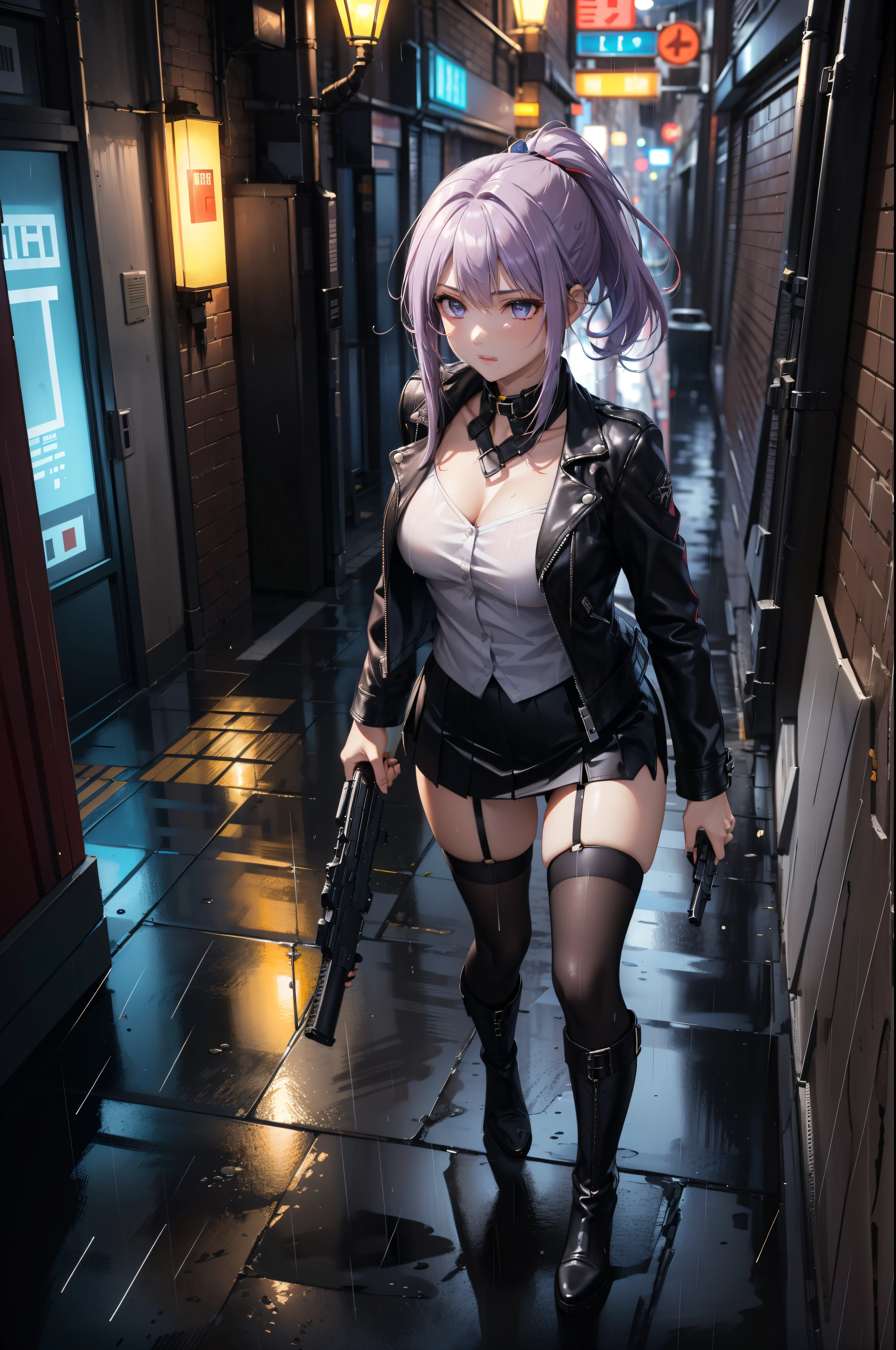 (Masterpiece, best quality, Detailed), a chic, Alone, of foot, ((seen from above)), (Holds a gun with his hand), ojos Detaileds, purple eyes shirt, Lavender hair short ponytail, Love, Medium breasts, ((harness on the torso)), ((gun case on the thigh)), ((black leather jacket)), (black gloves, ((short school miniskirt)), ( brown stockings), black boots, outdoor, city, cyberpunk, (rain), night, city lights, Neon lights, dark alley