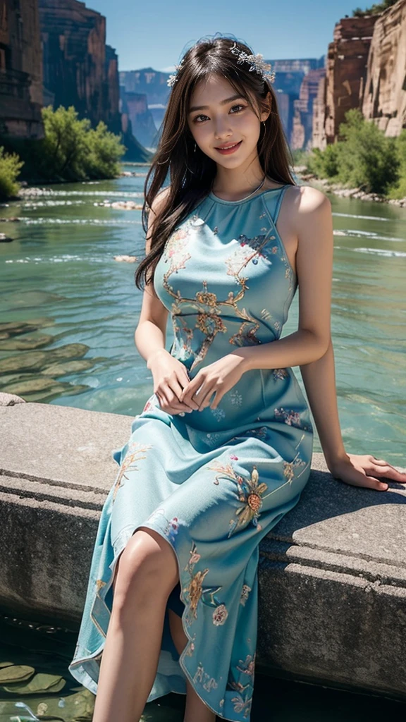 Master piece, CG Unity 8k walpaper, ((Realistic: 1.2)), Ray Tracing, 64k, Beautiful 16 years girl, Korean realistic girl, ((Young perfect slender Girl)), Ultra Realistic, ultra HD, ((Aqua Summer Floral Embroidered A-Line Date Elegant Midi Dress)), ((Super round breast under the dress)), ((young breasts)), Young body, perfect shape body, ((romantic looks)), stylish Poses ((Grand Canyon River)), Sitting beside River, ((River has Blue Floting water)), ((Canyon Mountains)), Beautiful smile, ((smile: 1.2)), cactus, ((detailed background)), ((Detailed Dress)), ((Detailed body)), ((detailed skin)), ((realistic lips)), ((realistic smile)), Long Black hair, cinematic lighting, cinematic Photography, High resolution Dress Quality, High resolution picture quality,