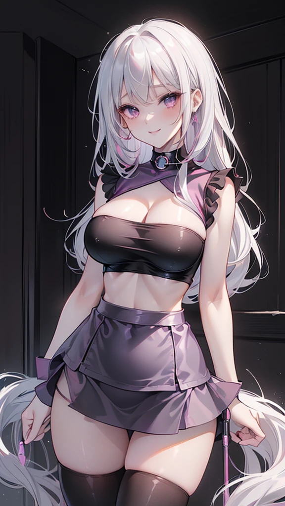 masterpiece, best quality, solo, 1girl, mlptrixie, white hair, violet eyes, small breasts, naked body, nude, sexy black underwear, black panties, black bra, standing frontally, pov, looking at viewer, seductive smile, locker room, detailed hands, five fingers